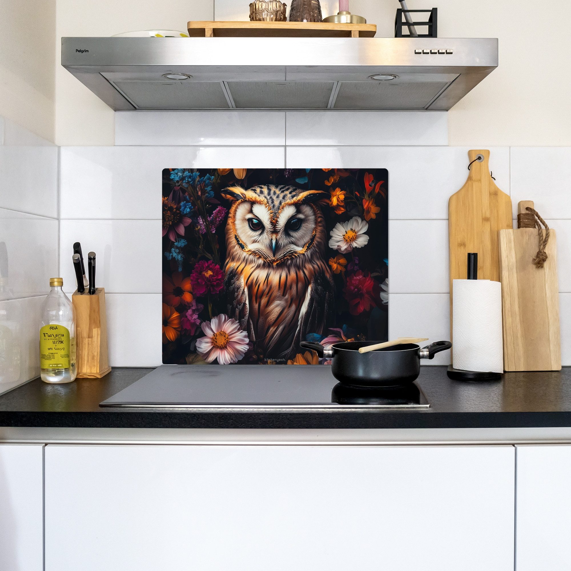 KitchenYeah Küchenrückwand Eule - Blumen - Farbenfroh - Natur, (1-tlg), Ceranfeldabdeckung Küche, Herdabdeckplatte Einteilig, 59x51 cm