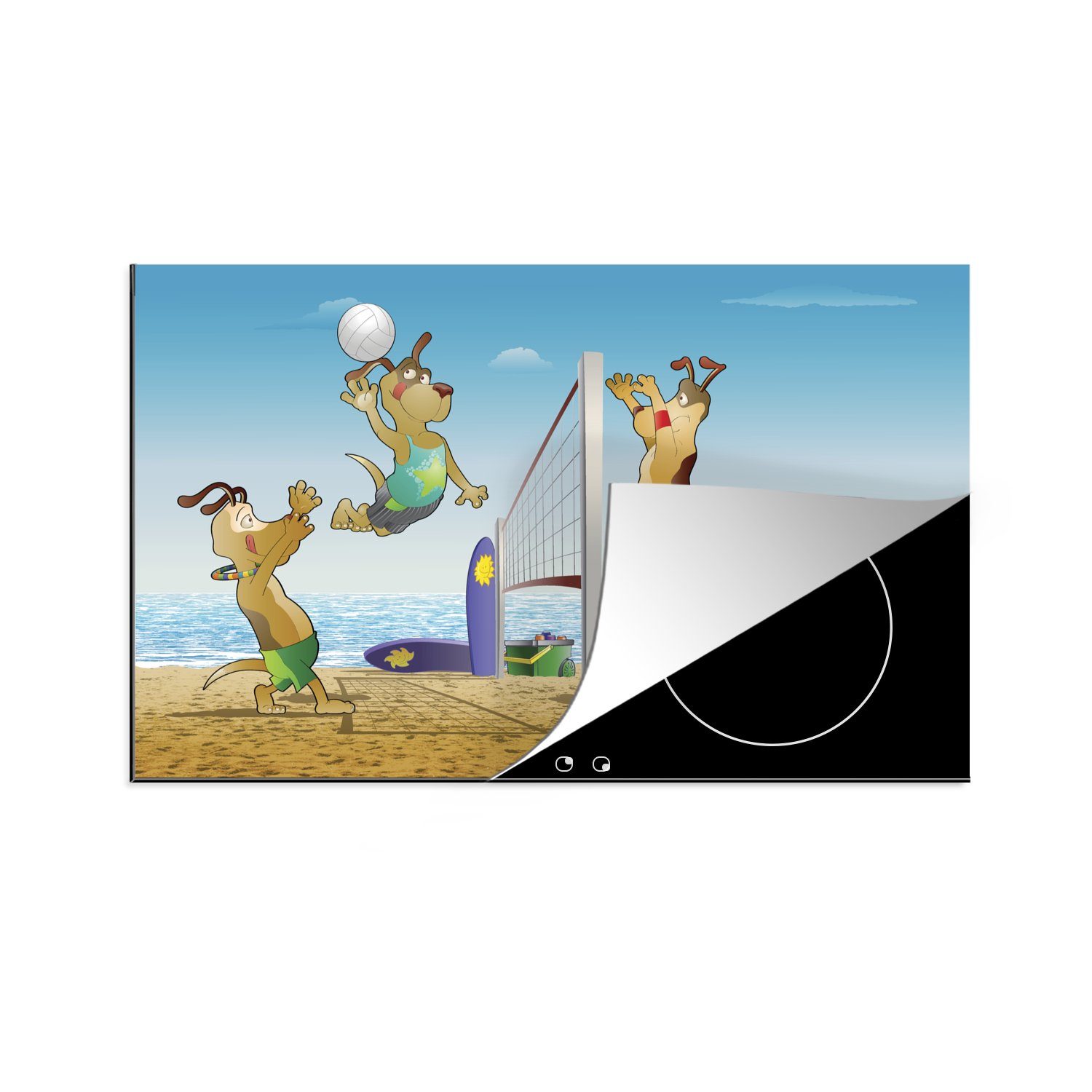 MuchoWow Herdblende-/Abdeckplatte Eine Illustration eines Beachvolleyballspiels, Vinyl, (1 tlg), 83x51 cm, Ceranfeldabdeckung, Arbeitsplatte für küche