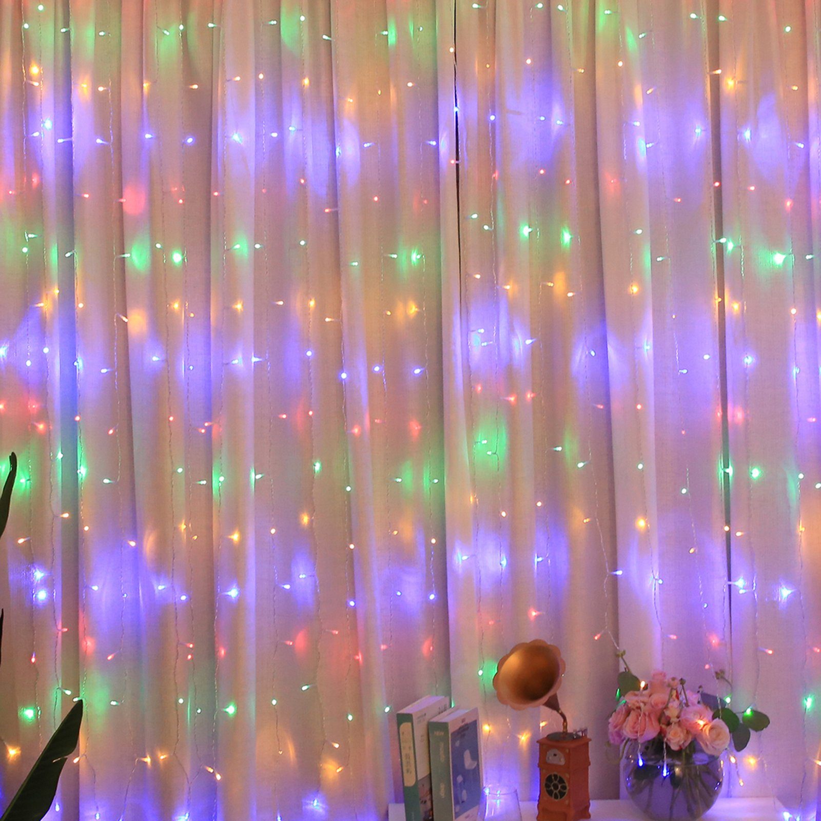 Wand für Deko Rosnek Weihnachten Multicolor Fenster LED-Lichtervorhang wasserdicht, 2x2M, USB, Schlafzimmer
