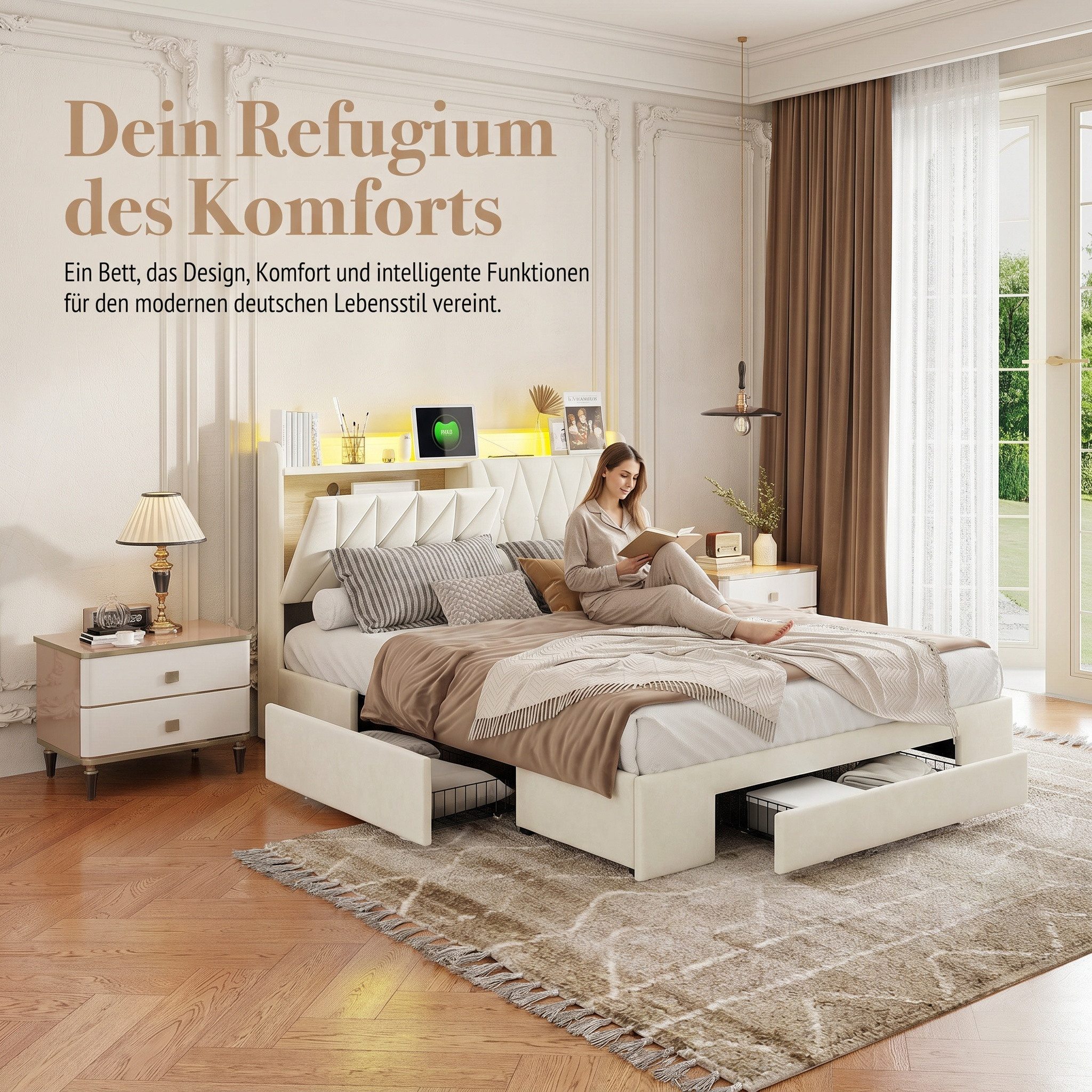 ADWOLT Polsterbett Doppelbett Stauraumbett mit Schubladen und Ladefunktion (Set, 1-tlg., 140x200cm Stauraumbett), mit USB/Type-C Anschlüssen und 3 Schubladen, m – Bild 3 von 5