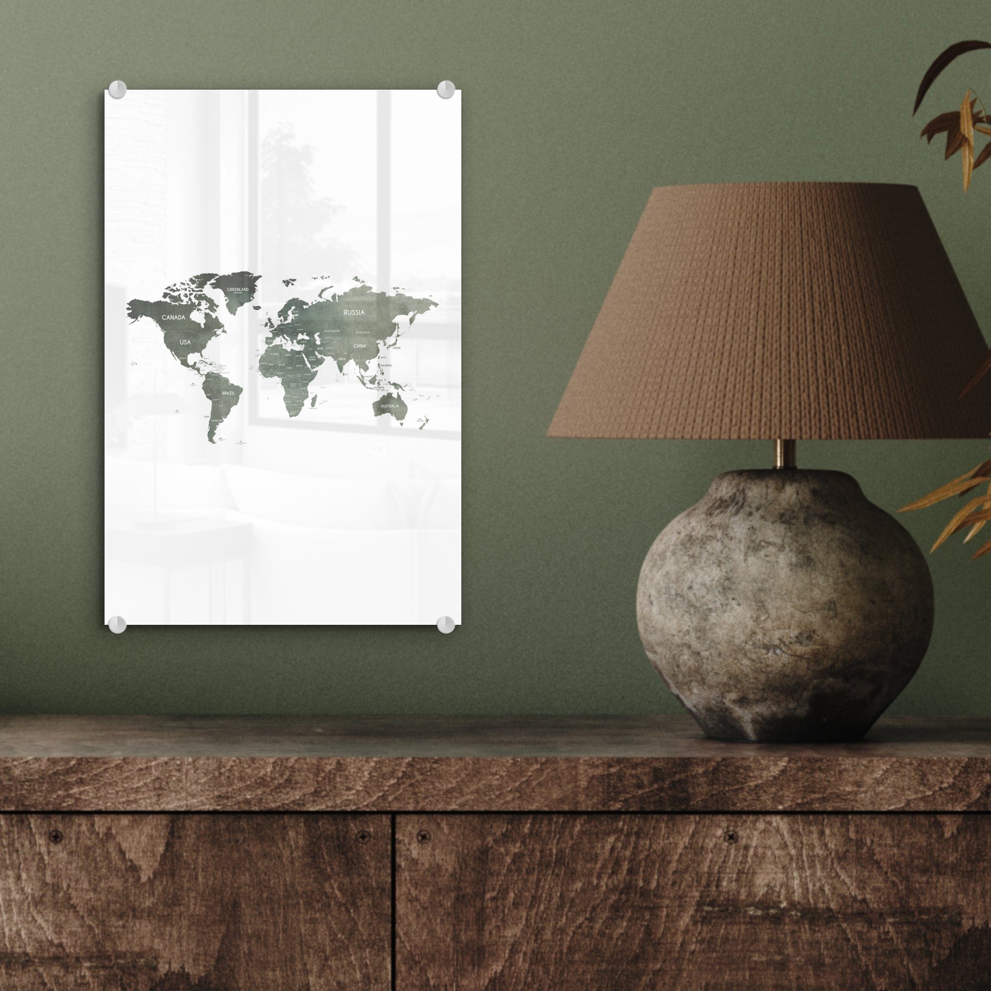 auf Foto Glas Glasbilder - Grau Wanddekoration - Weltkarte St), Wandbild Glas - Land, MuchoWow Bilder - (1 auf Acrylglasbild -