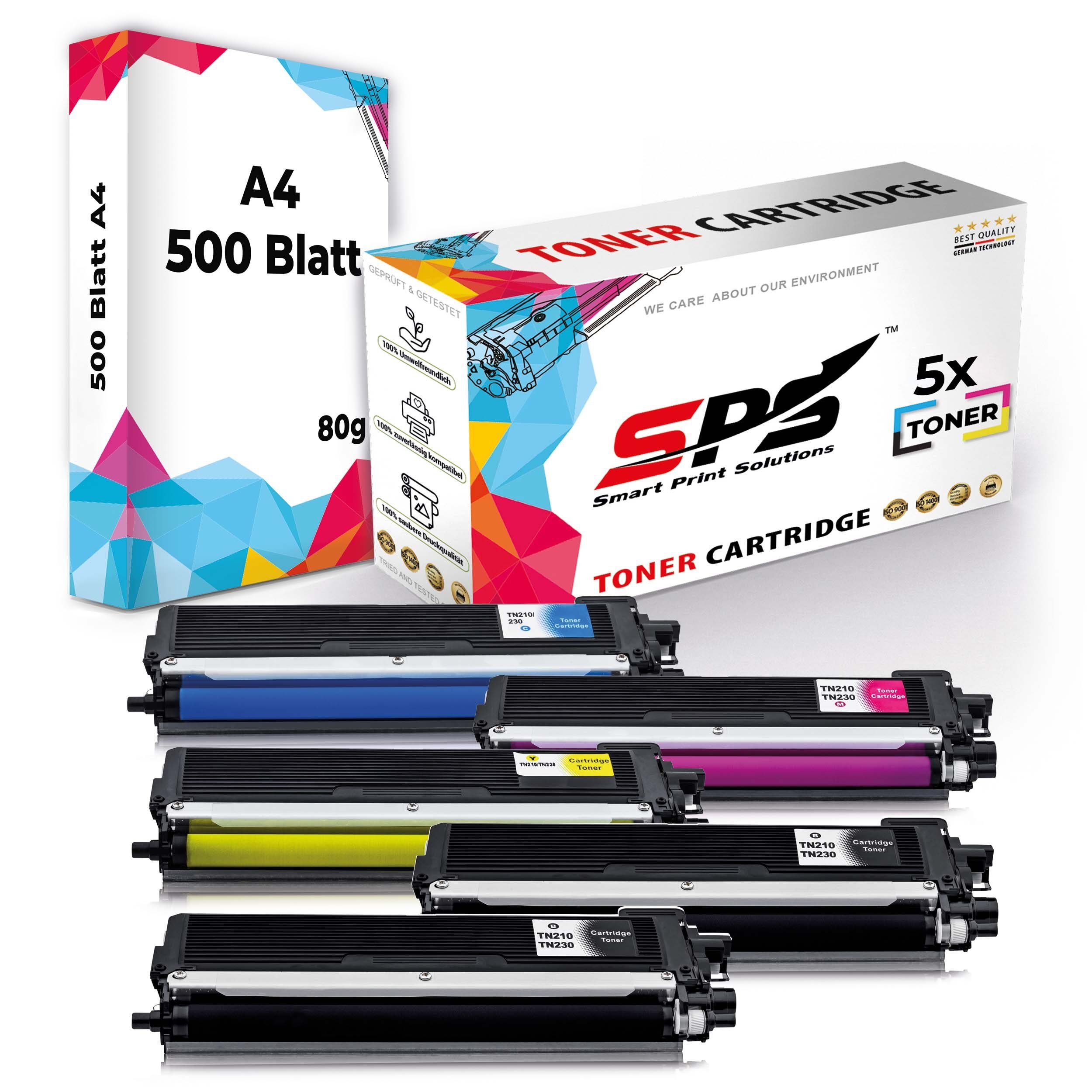 SPS Tonerkartusche Kompatibel für Brother MFC-9010CN TN-230BK TN-230C, (5er Pack + A4 Papier, 5x Toner (2x Schwarz, 1x Cyan, 1x Magenta, 1x Gelb), 1x DIN A4 Druckerpapier 500 Blatt)