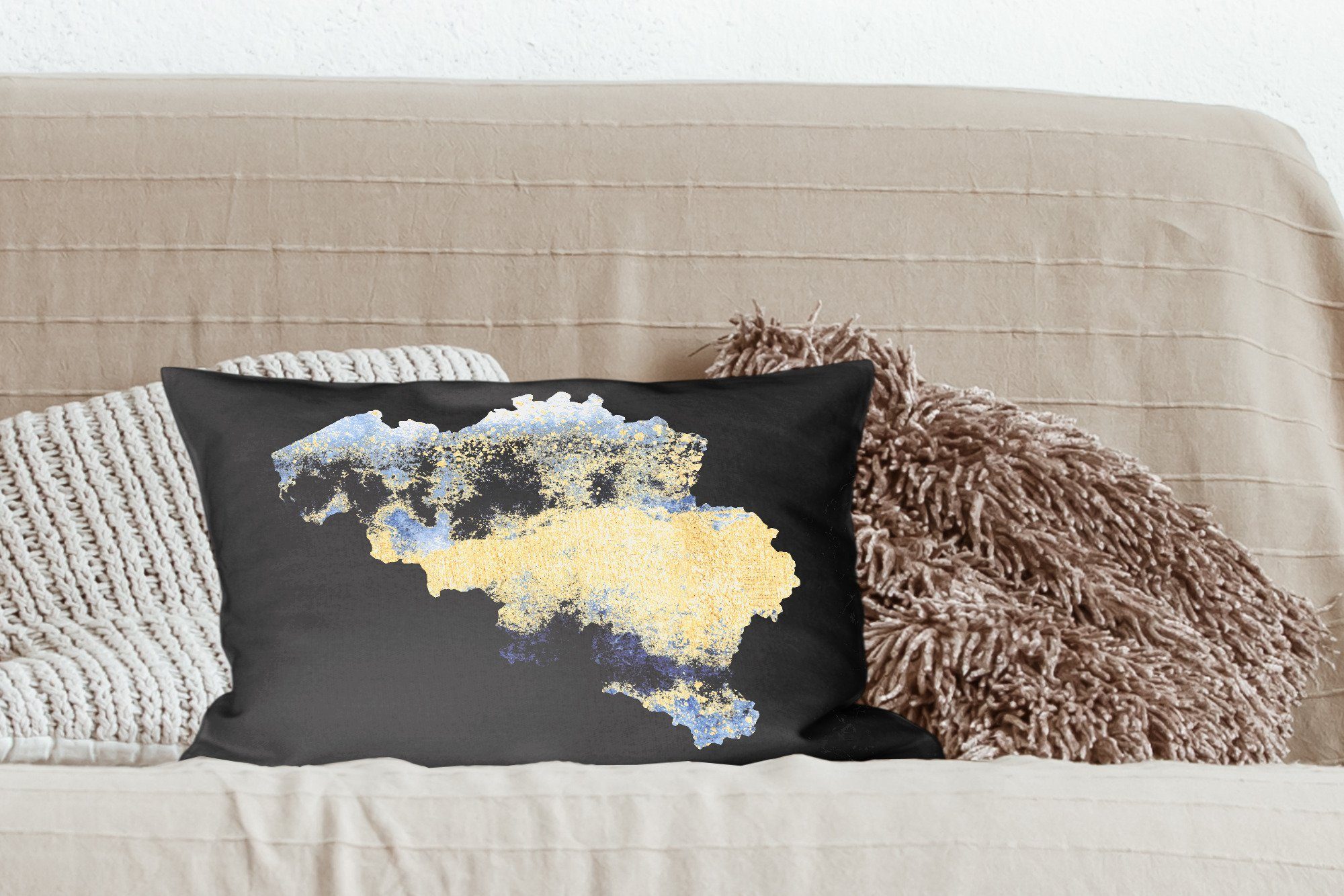 Karte Blau, Füllung, mit Delfter - Schlafzimmer - Dekokissen MuchoWow Dekokissen Belgien Dekoration, Zierkissen, Wohzimmer