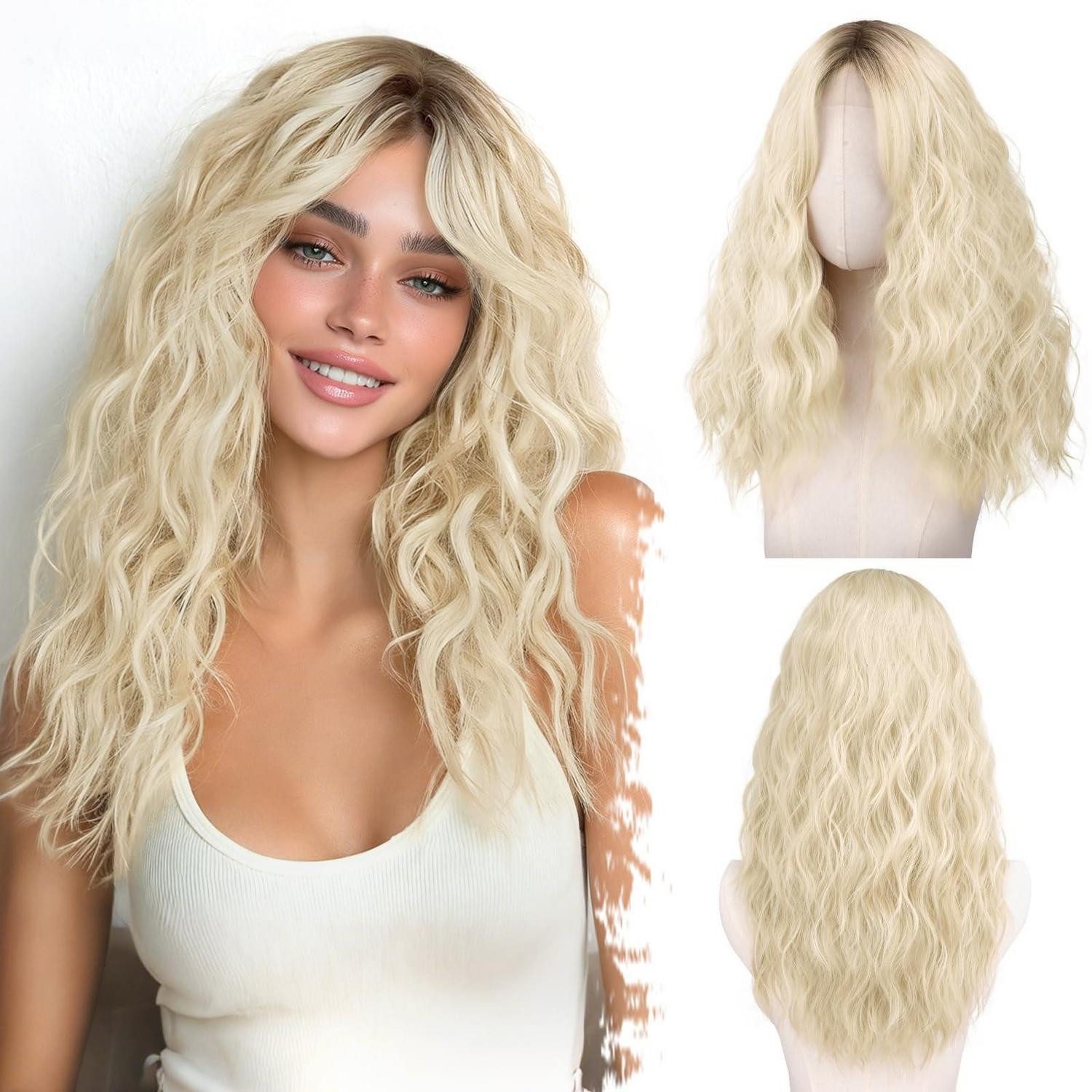 LuxusKollektion Kunsthaarperücke Perücke mittellange gewellt Pony synthetisch blond Blond Ombre 50cm