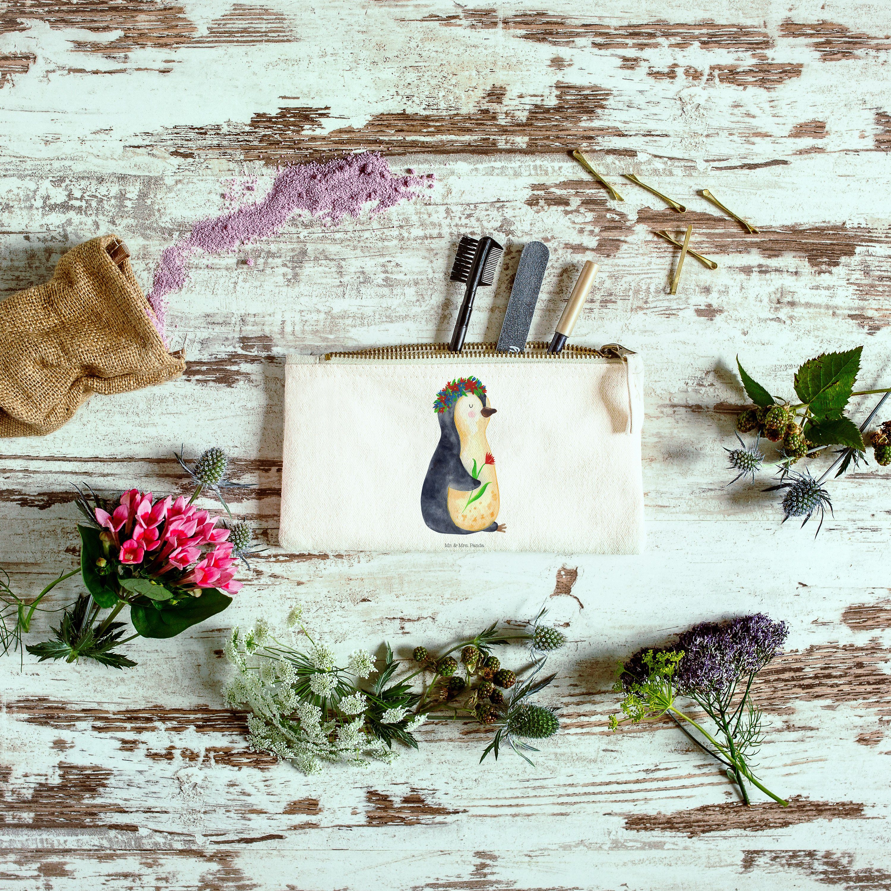 Mr. & Mrs. Panda Kosmetiktasche, Geschenk, - (1-tlg) - Blumenkranz Pinguin Stiftemäppchen Weiß Kosmetiktasche