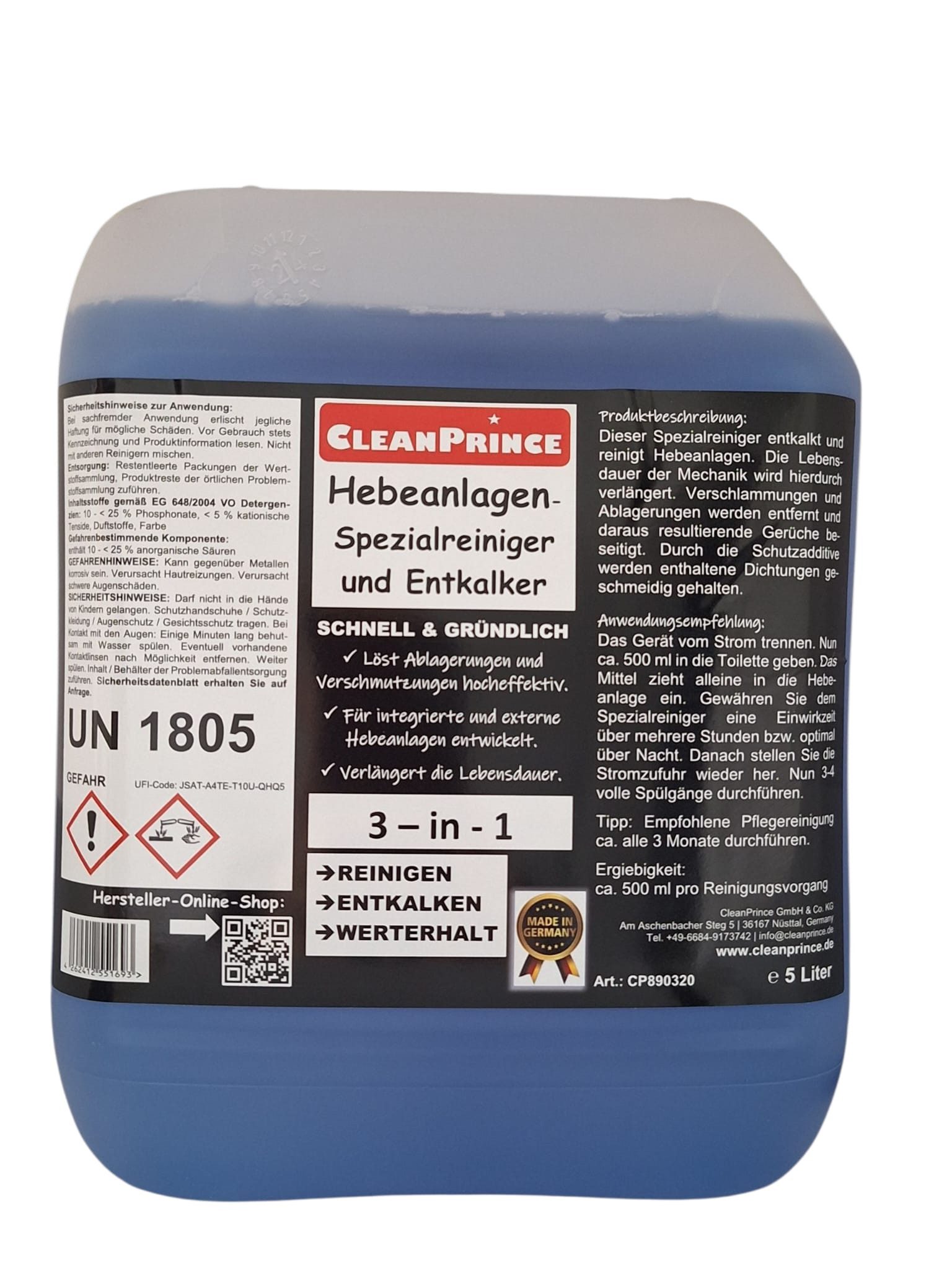 CleanPrince Hebeanlage Spezialreiniger + Entkalker für Hebeanlagen 3 in 1