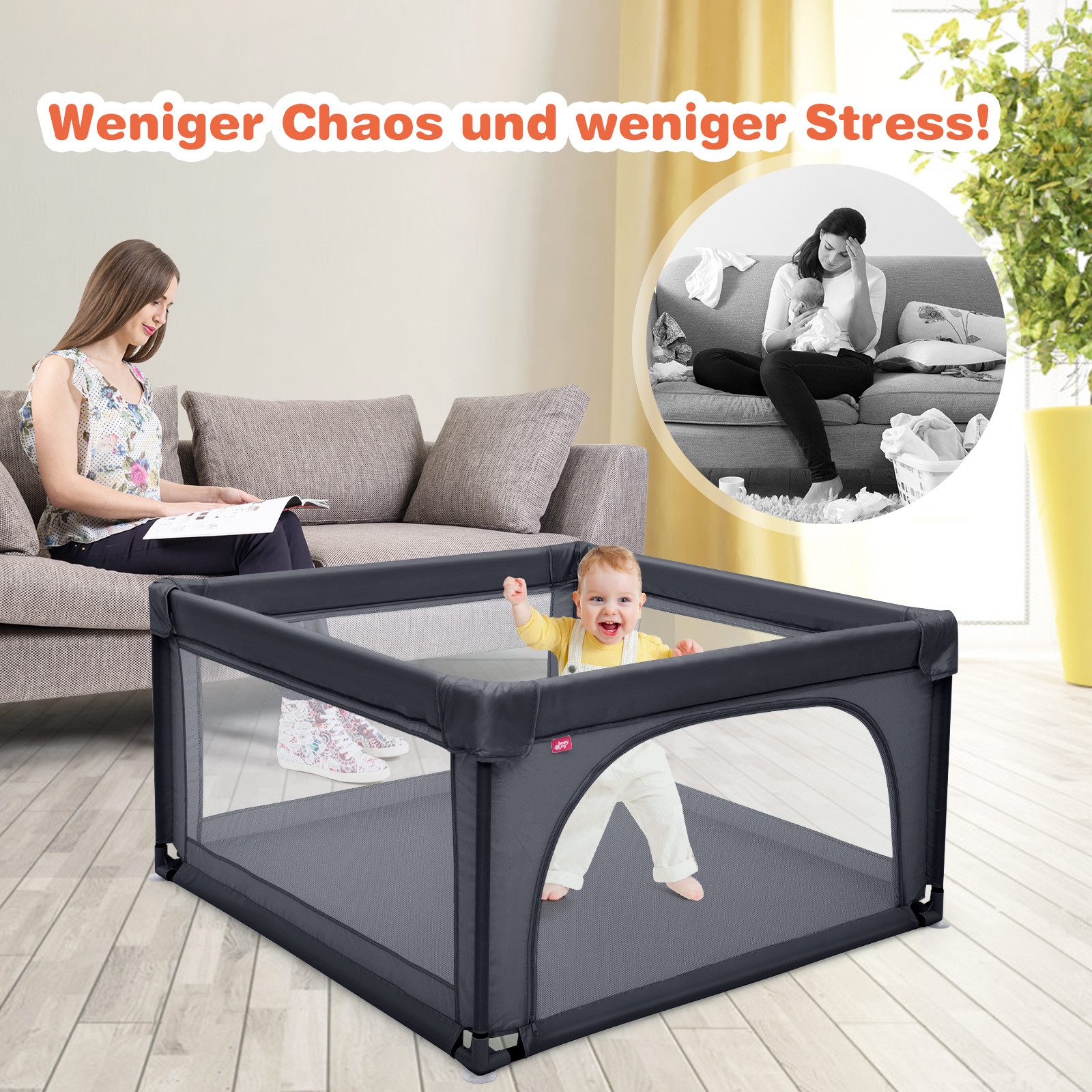 COSTWAY Laufstall Baby Laufgitter, 120x120cm, mit atmungsaktivem Netz & Reißverschluss – Bild 4 von 5