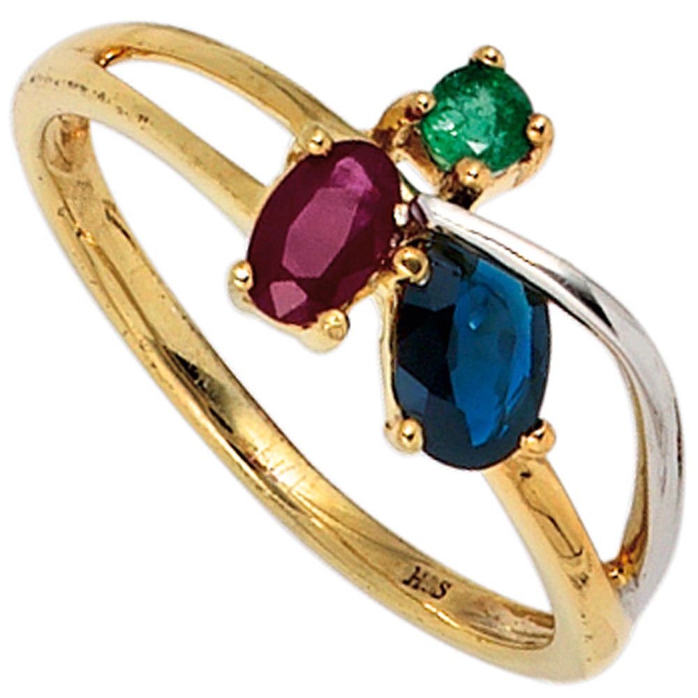 Schmuck Krone Fingerring Ring Damenring mit Rubin Safir Smaragd 585 Gold Gelbgold rot blau grün, Gold 585