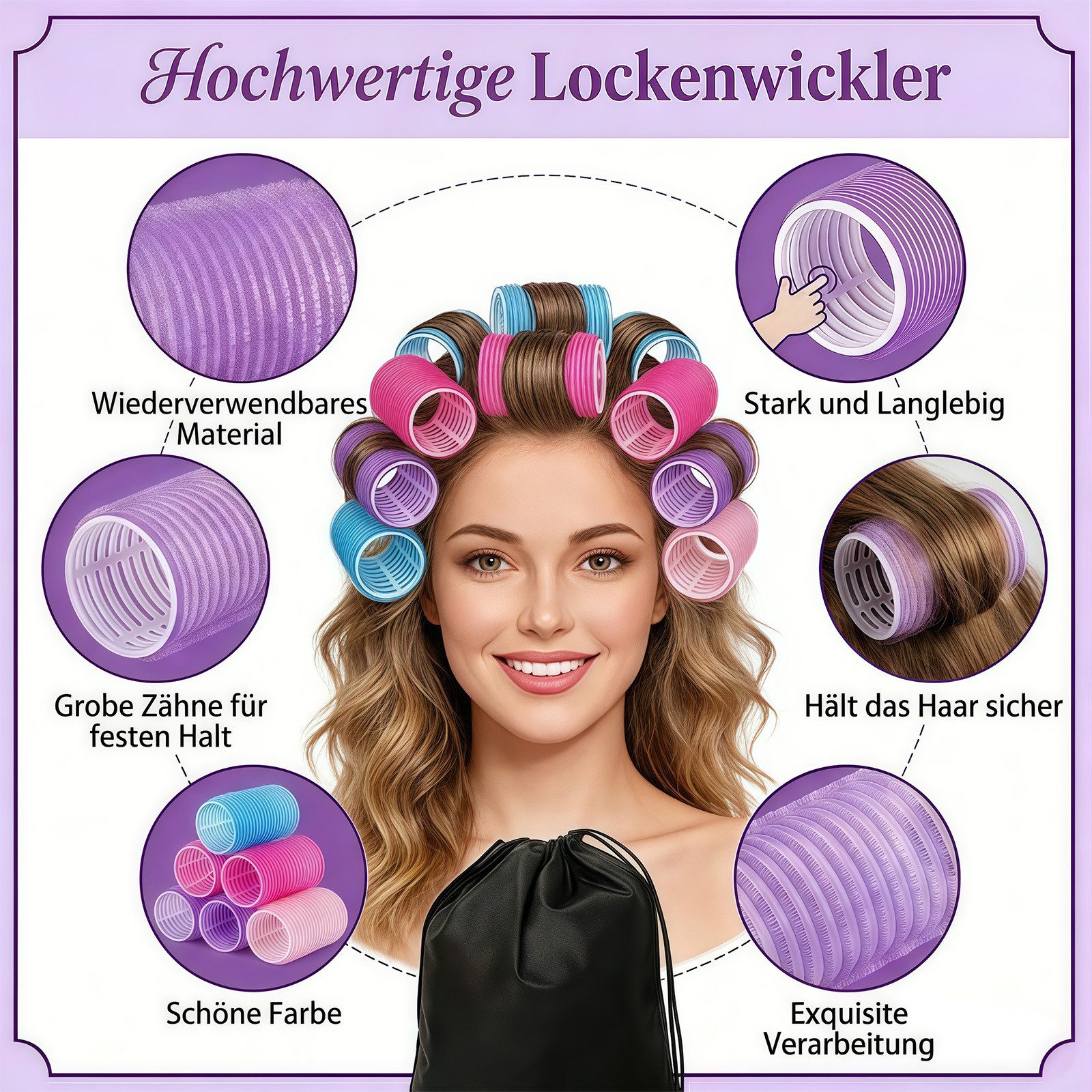 FANNOU Haarstyling-Set Lockenwickler Set mit 24 Lockenwicklern (4 Größen 60/45/36/25mm), mit 24 Edelstahl Klammern Hair Rollers für Lange Mittlere Kurz Haar