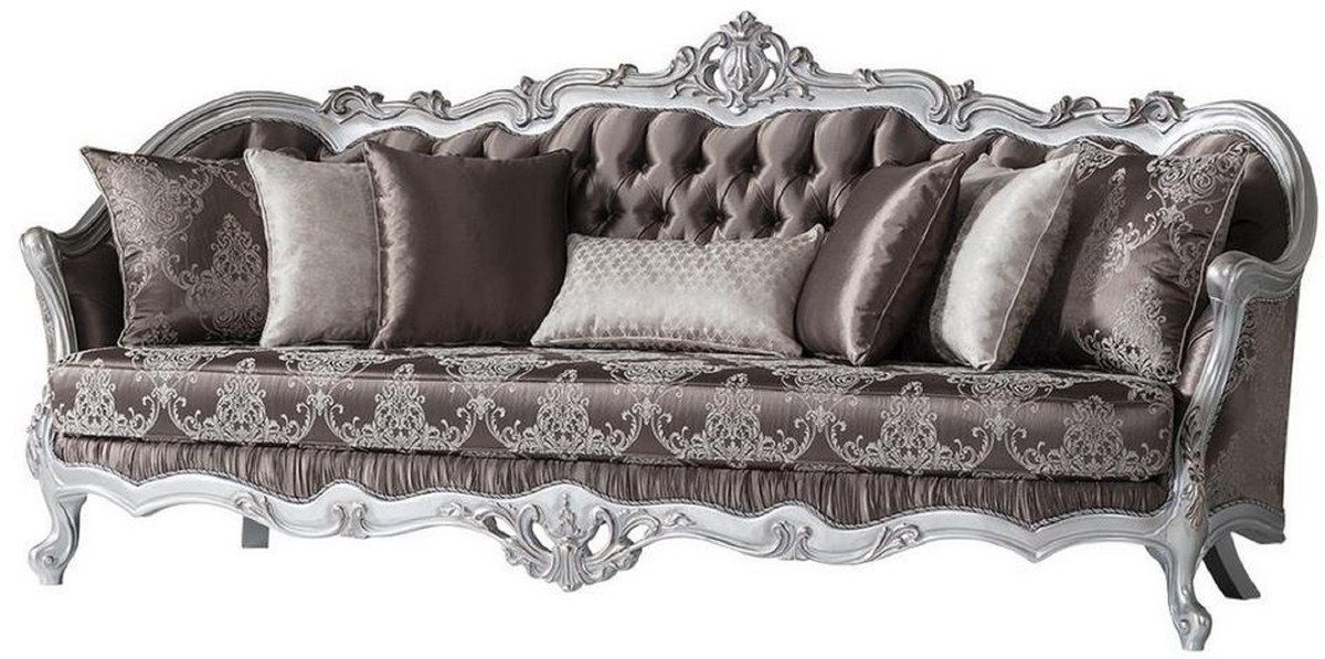 Casa Padrino Sofa Luxus Barock Sofa Bronzefarben / Silber 262 x 90 x H. 113 cm - Prunkvolles Wohnzimmer Sofa mit dekorativen Kissen - Barock Möbel