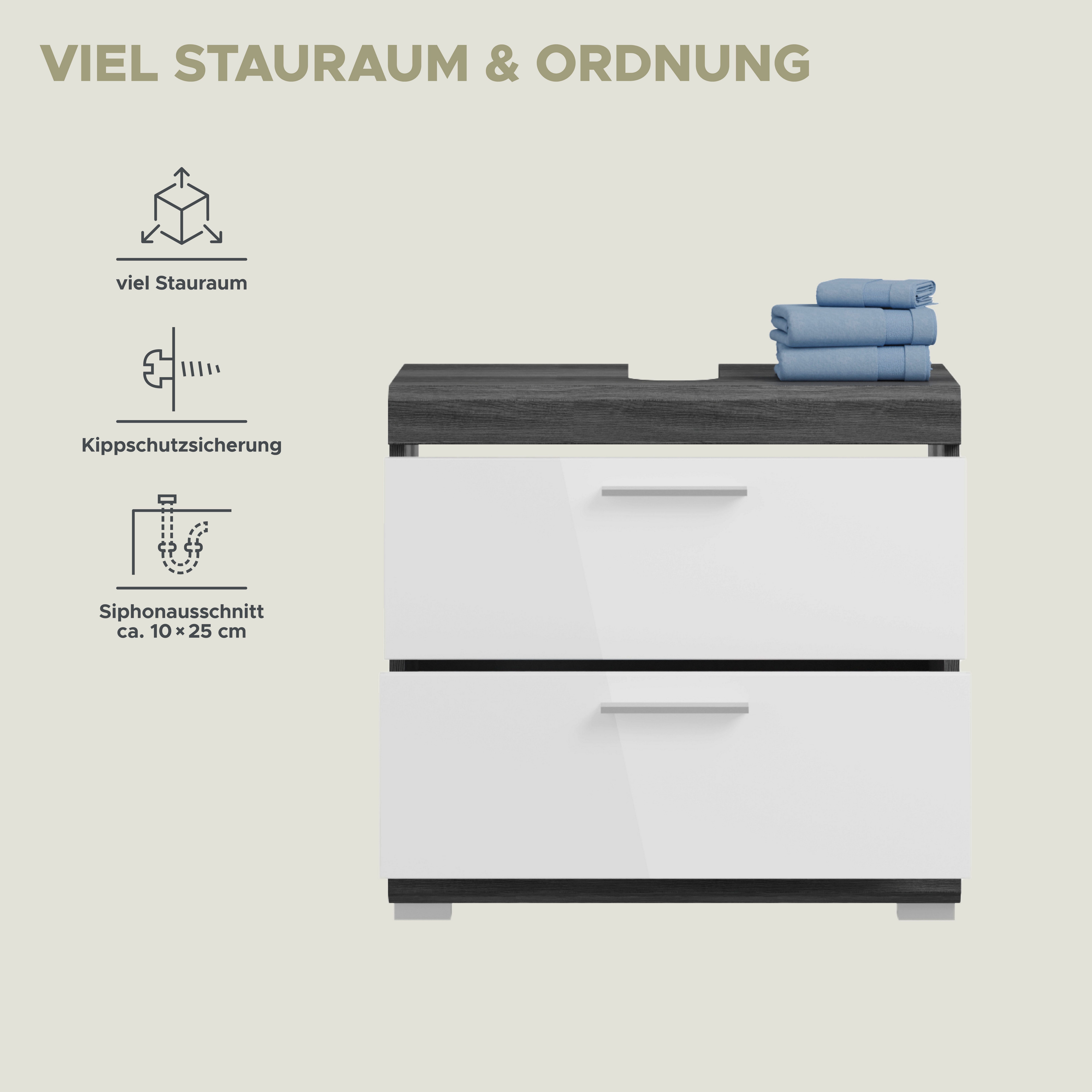 welltime Waschbeckenunterschrank SIENA, Breite 60cm, mit 2 Türen oder 2 Schubkästen, MDF-Front (1-St., TOPSELLER!, mit Siphonausschnitt 10x25 cm) in verschieden – Bild 4 von 5