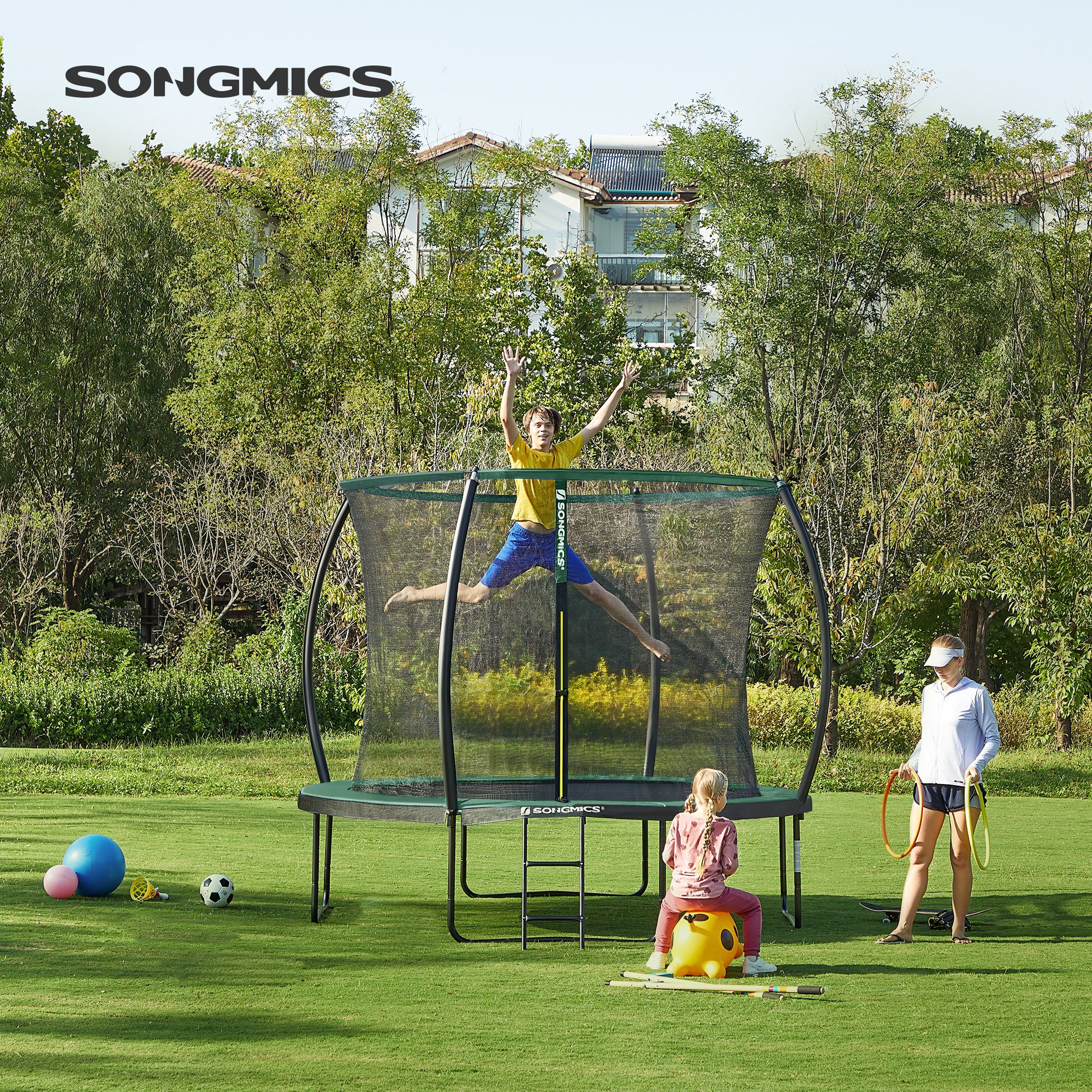 SONGMICS Gartentrampolin Ø 244/305/366/427 cm, Ø 305 cm, bis zu 80-150 kg belastbar, Trampolin mit Leiter und Sicherheitsnetz