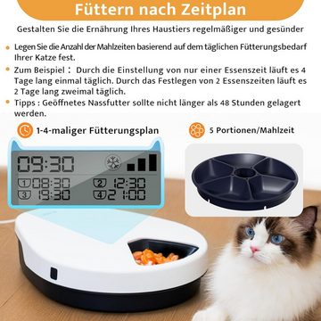 SAROSORA Katzen-Futterautomat Nassfutter mit Kühlung, 5 Futter-Fächer für je 330 g Tierfutter, für Katzen + Hunde