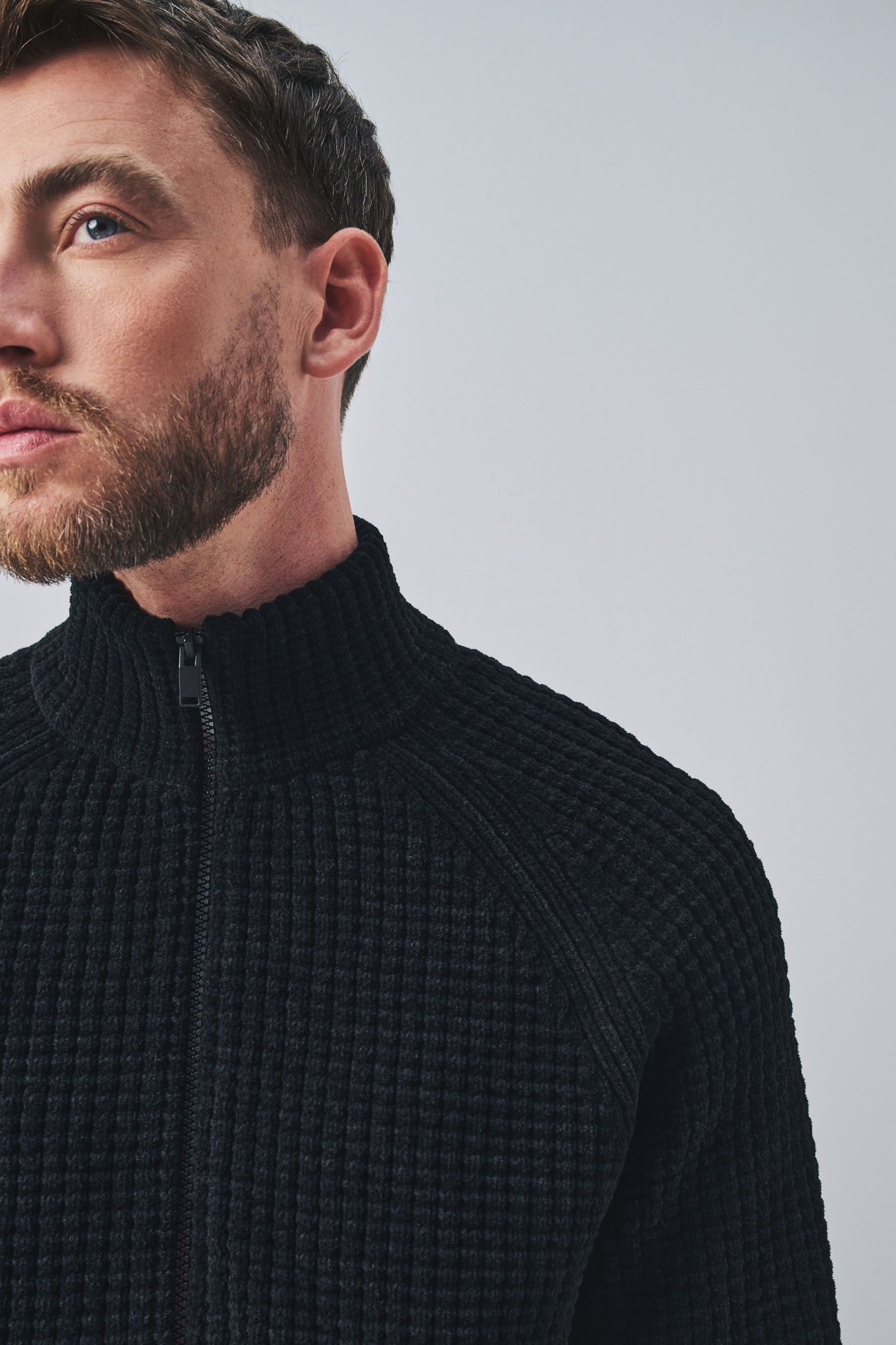 Next Troyer Chenille-Pullover mit Waffelstruktur und RV-Kragen (1-tlg)