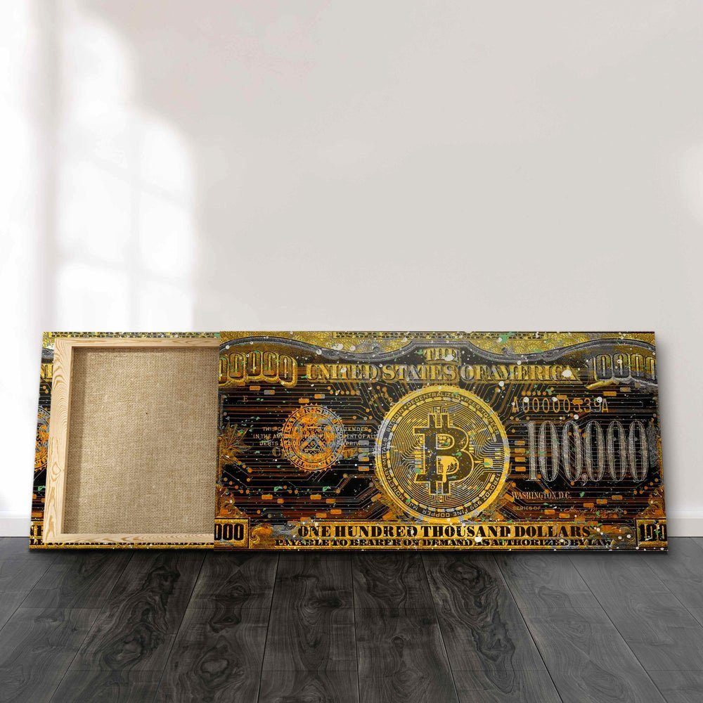 Vision, Rahmen Bitcoins Bitcoin Wandbild DOTCOMCANVAS® gold tausend hundert Motivation dollar Leinwandbild schwarz weißer Geld