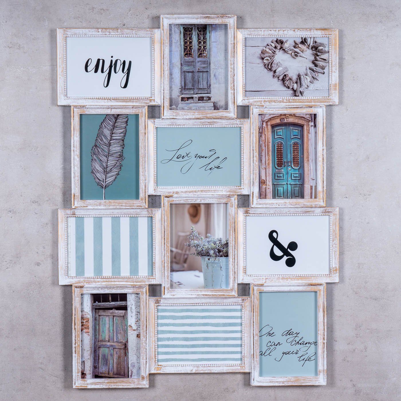 Levandeo® Bilderrahmen Collage, Bilderrahmen 54x72cm 12 Fotos 13x18cm Weiß Gold Antik Glas Collage