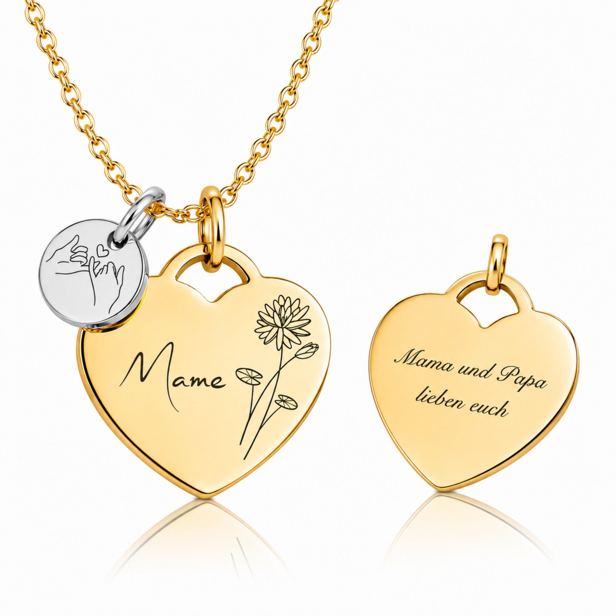 BS Schmuckdesign Kette mit Anhänger mit Gravur Personalisierte Halskette Damen Herzkette Name und Monatsblume Gravur (inkl. Gravur), vollständig personalisierbar inkl. Geschenkbox