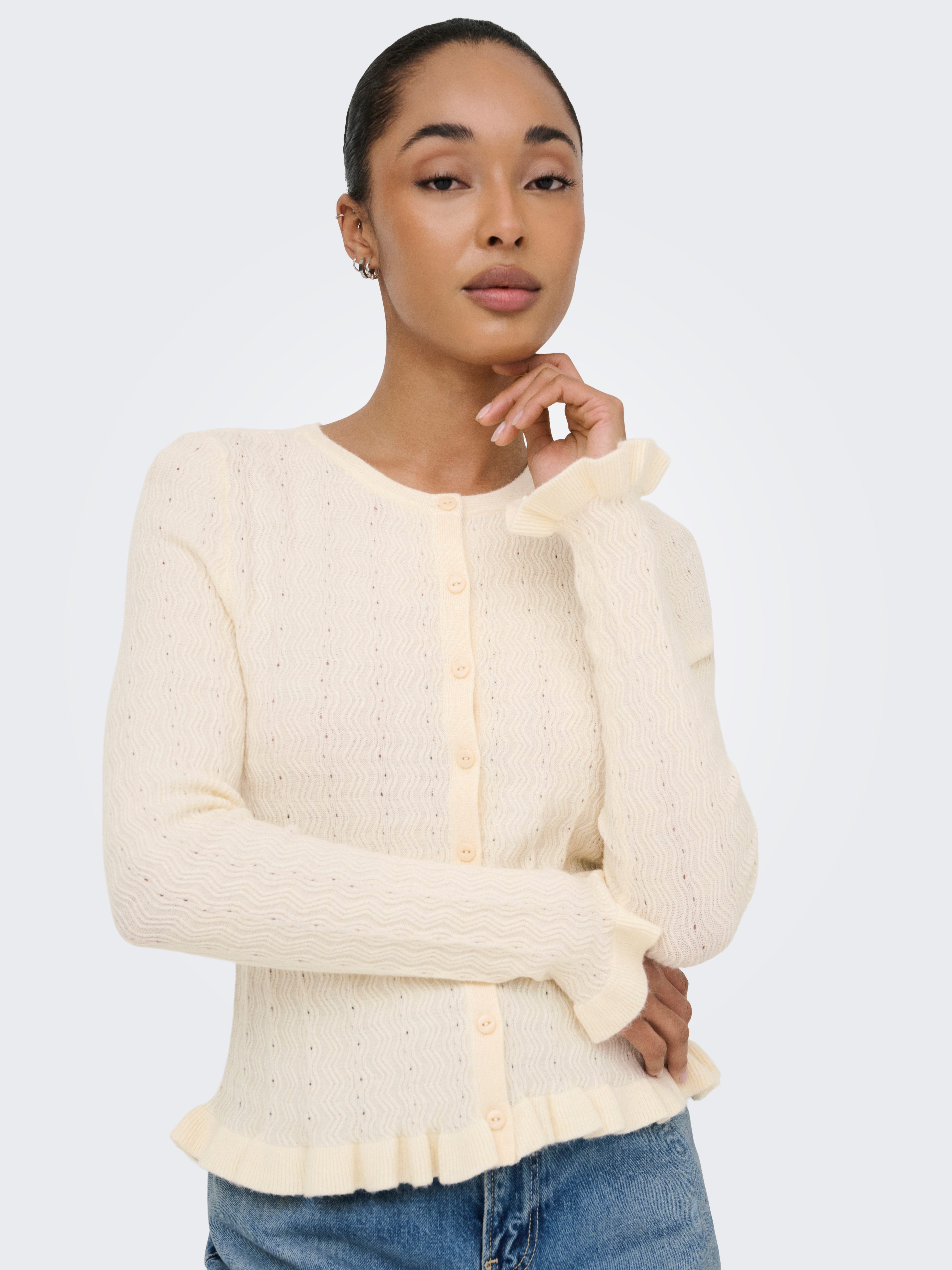 ONLY Strickjacke ONLIBI LS O-NECK FRILL CARDI EX KNT Viskosemischung, regular fit