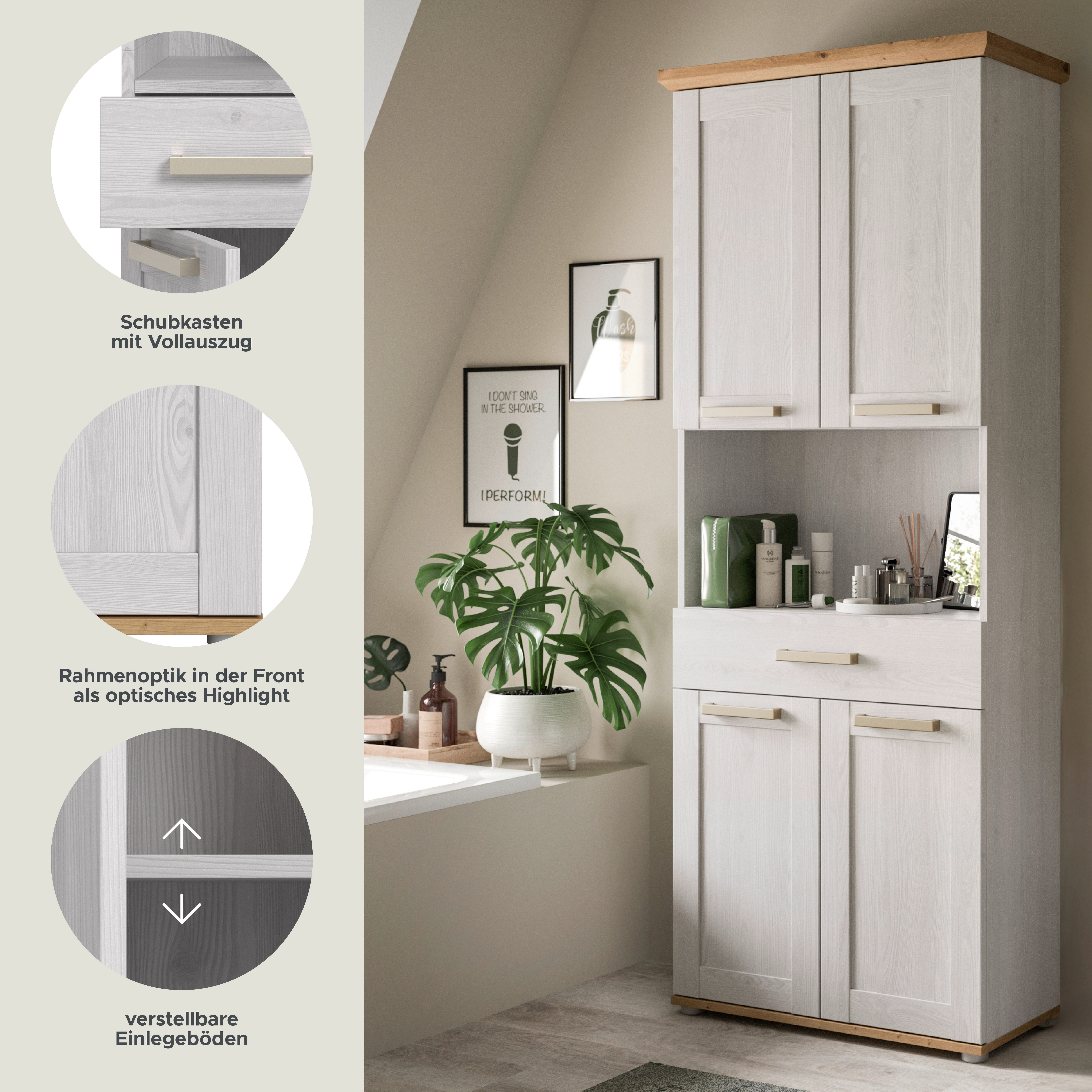 welltime Hochschrank COSENZA, Höhe 187cm, 4 Türen, 1 Schubkasten, 1 offenes Fach (1-St., in Landhausoptik, mit weiteren Artikel der Serie kombinierbar) Hochschrank, Bad, Badezimmerschrank