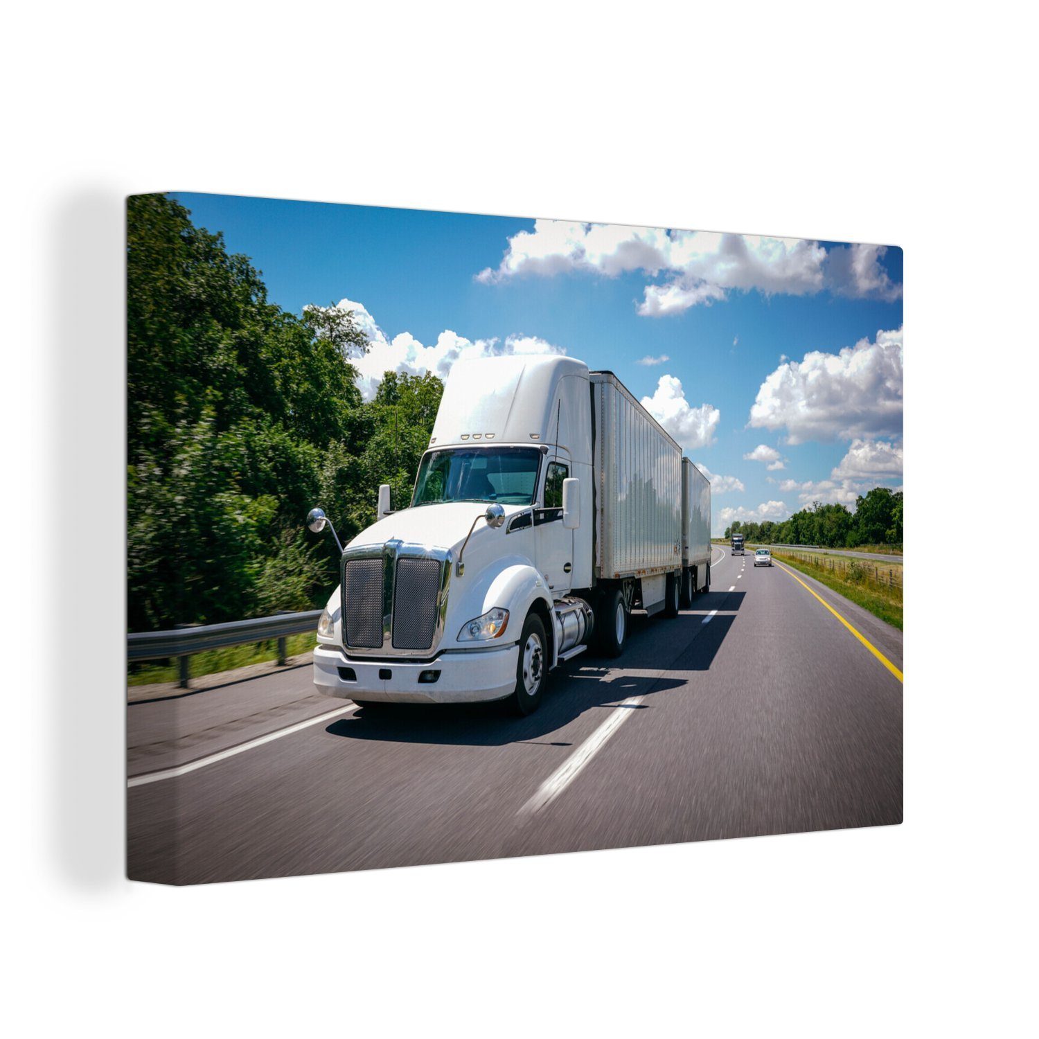 OneMillionCanvasses® Leinwandbild Weißer Lastkraftwagen auf einer Autobahn, (1 St), Wandbild Leinwandbilder, Aufhängefertig, Wanddeko, 30x20 cm