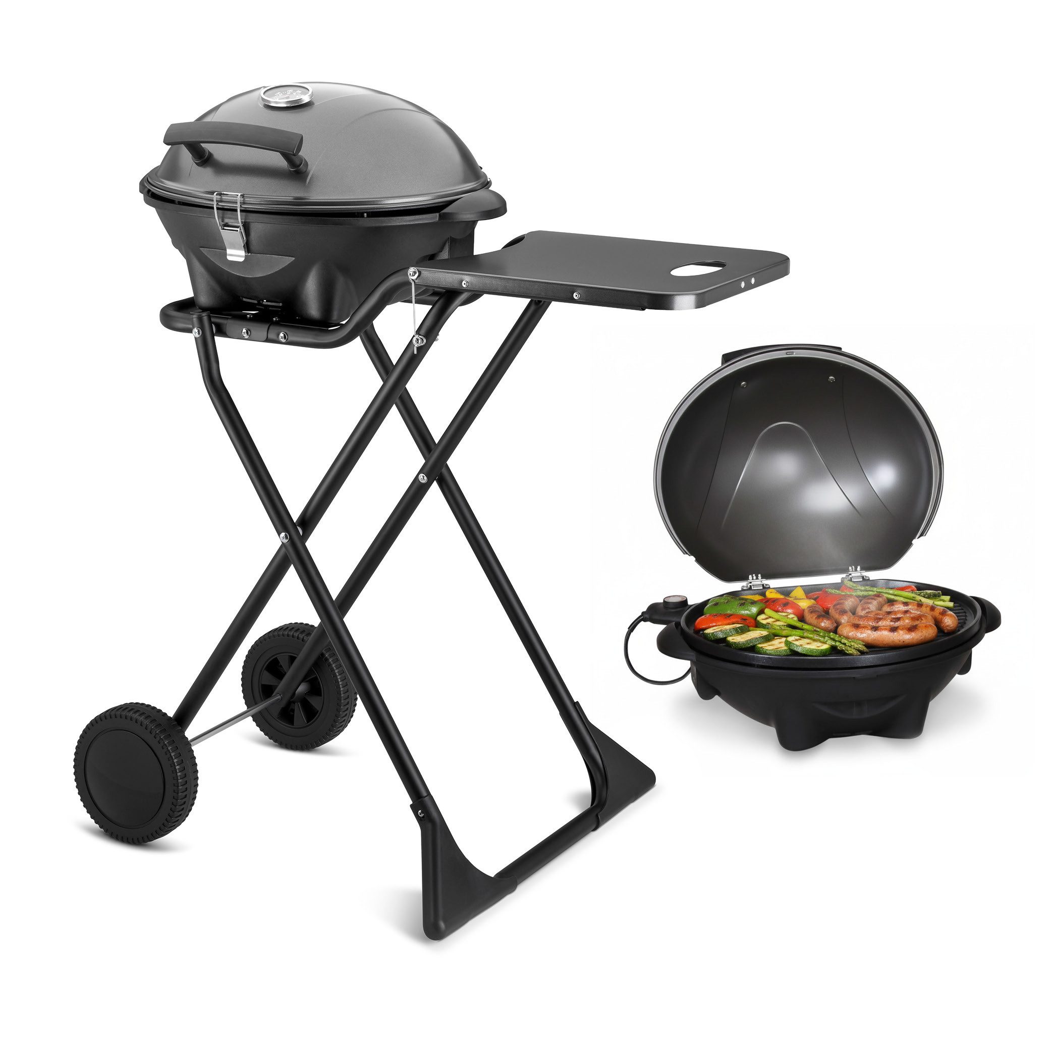 TZS FIRST AUSTRIA Standgrill 2in1 2400W, Elektrisch & Klappbar, Trolley-Grill mit Thermometer, 2400 W, Standgrill mit Windschutzhaube, 2,9m Kabel und Antihaft-Grillplatte