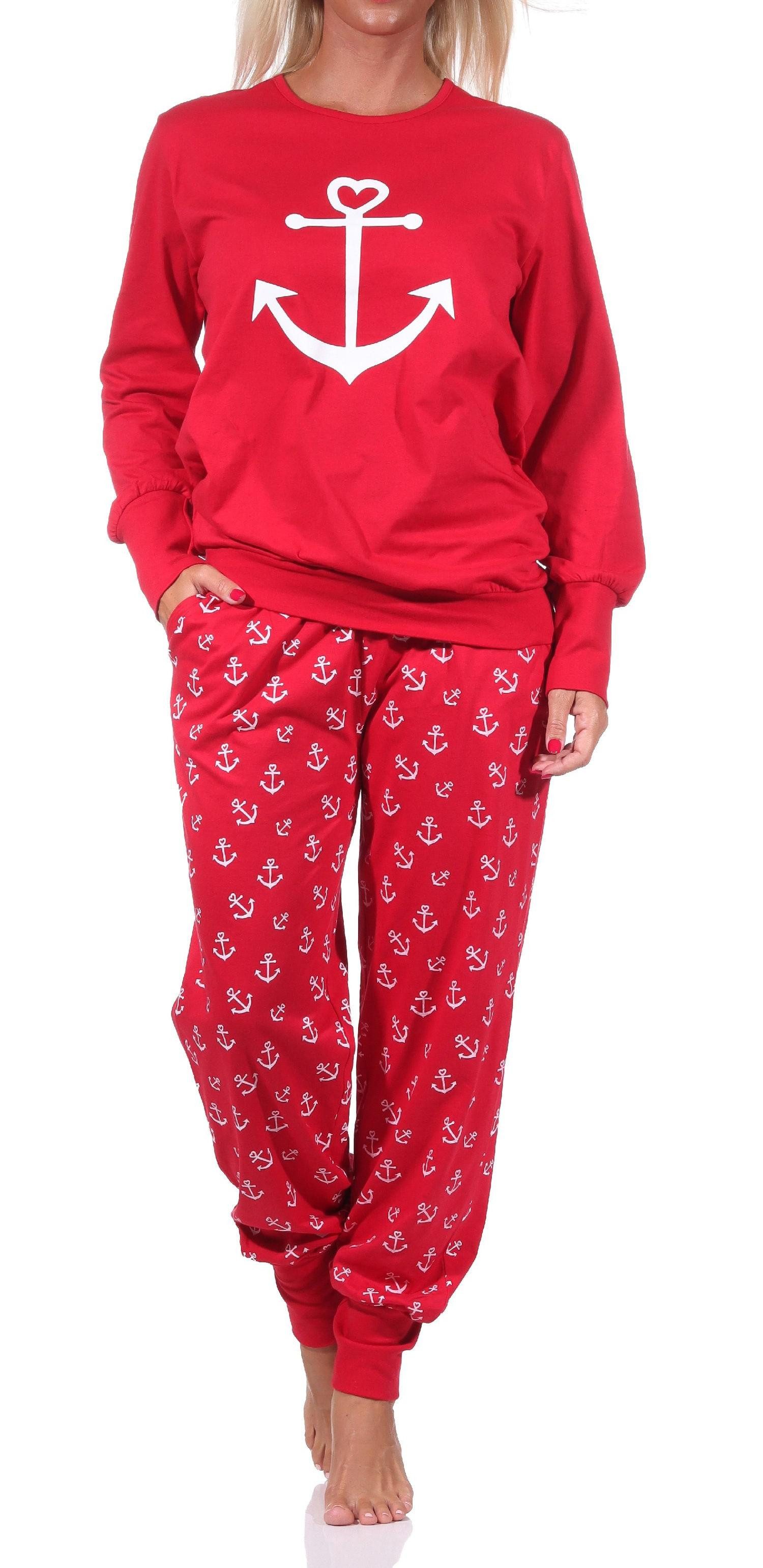 Normann Pyjama Damen Schlafanzug mit Bündchen in maritimer Optik mit Anker als Motiv