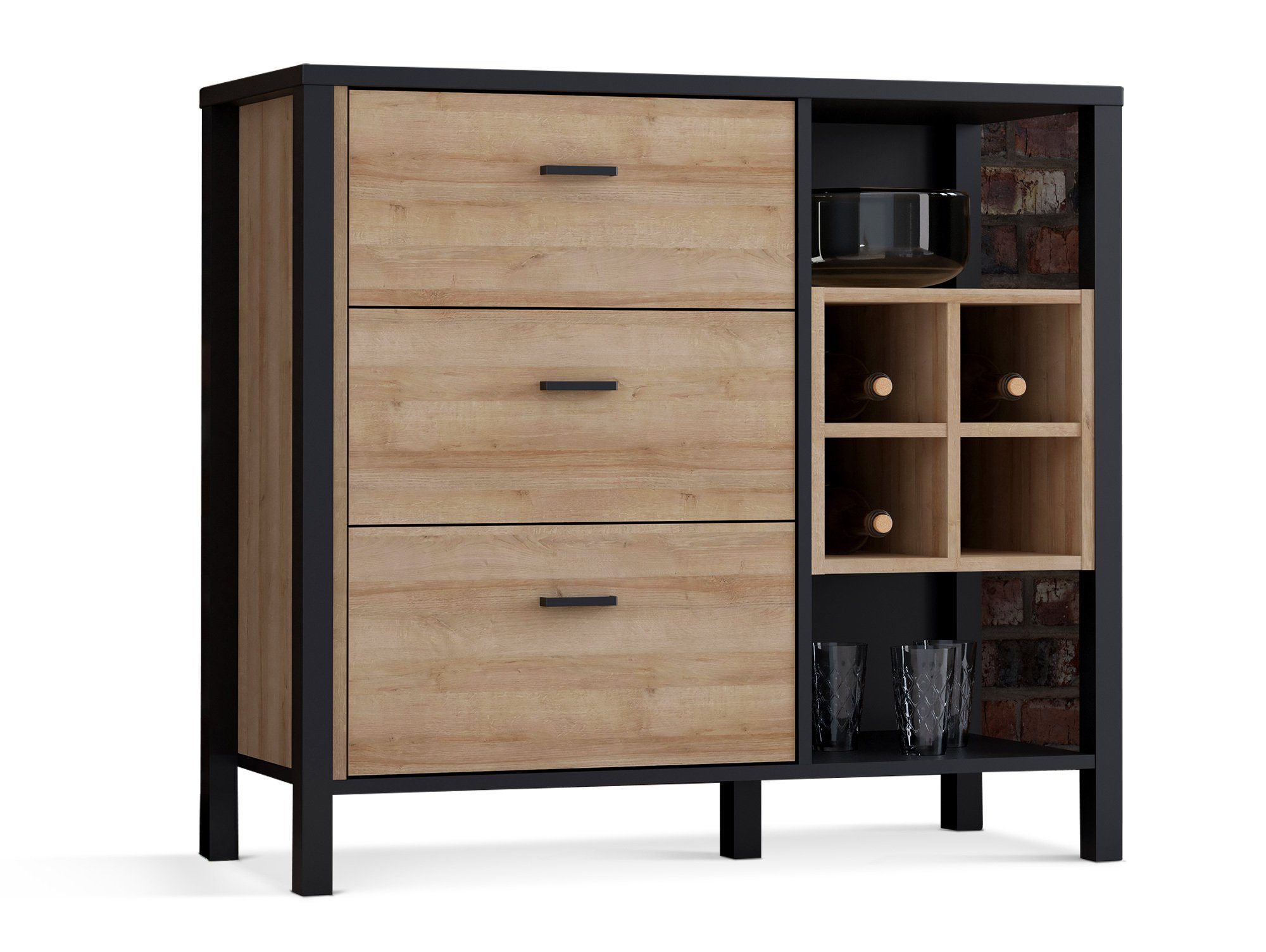 Moebel-Eins Kommode, HAVANO Kommode, Material Dekorspanplatte, Riviera Eichefarbig/ schwarz