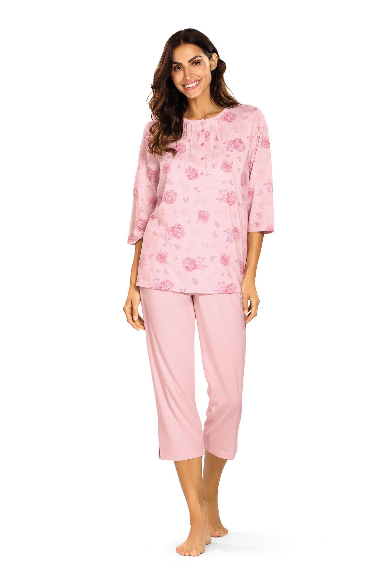 comtessa Schlafanzug (Set, 2 tlg., 2-teilig) Damen Pyjama 2-teilig Baumwolle Capri-Hose Blumen