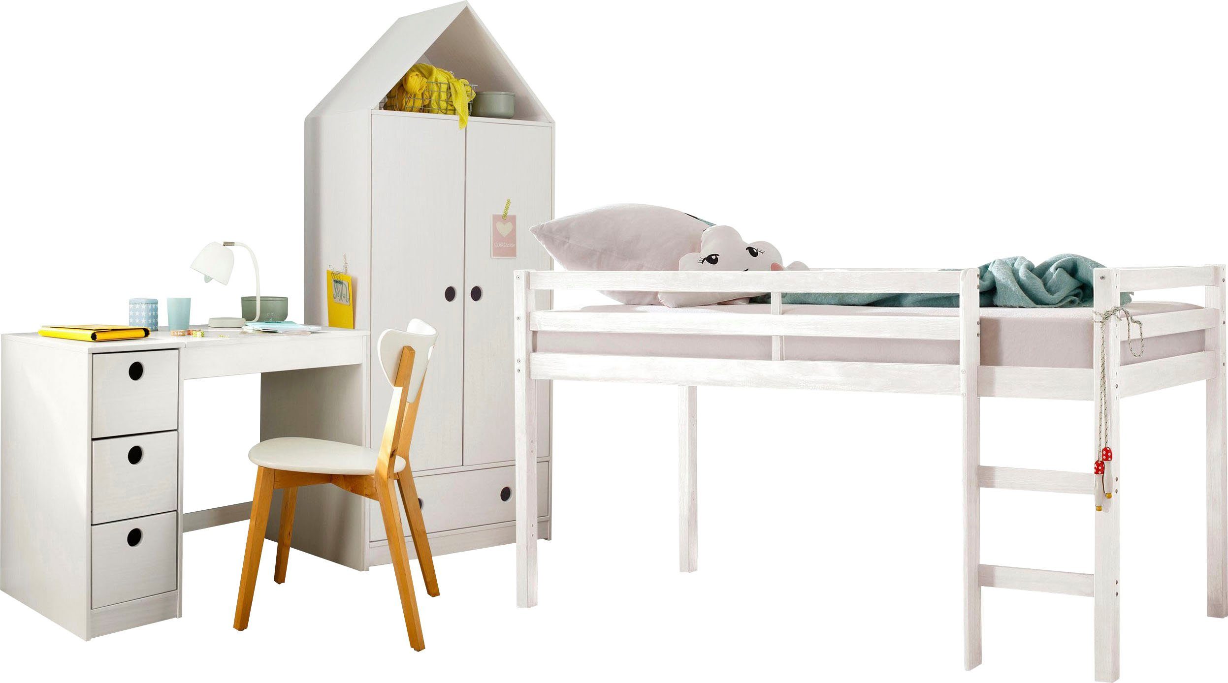 Lüttenhütt Jugendzimmer-Set Alpi, Kleiderschrank 3-St), (Spar-Set, in Schreibtisch Hochbett, Hausoptik, weiß platzsparend und