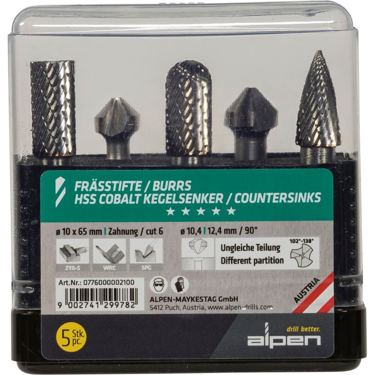 ALPEN-MAYKESTAG Fräsbohrer Kombi-Set 5-tlg.HM Fräs- stifte + 2 UGT Senker