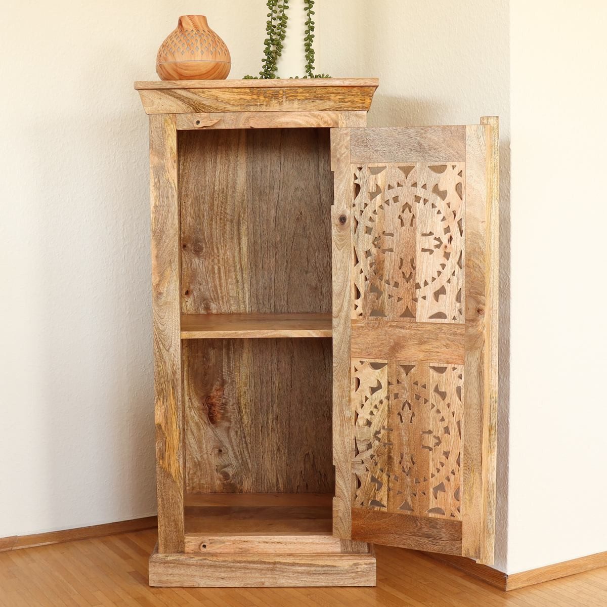 Oriental Galerie Mehrzweckschrank Natur Kommode kleiner Schrank Indien Natur 100 cm Flurschrank schmal hoch, Diele, Nachtschrank, Landhaus