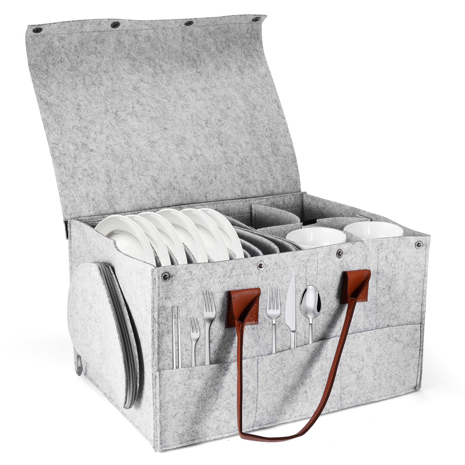 BlingBin Allzweckkorb Wohnmobil Tellerhalter Filz mit Deckel & Griff, Wickelkorb für Camping (1er Set, 1 St., Produktgröße: 35 x 26,5 x 19 cm), Outdoor Aufbewahrung Zubehör Filztasche für Kochgeschirr, Glaswaren