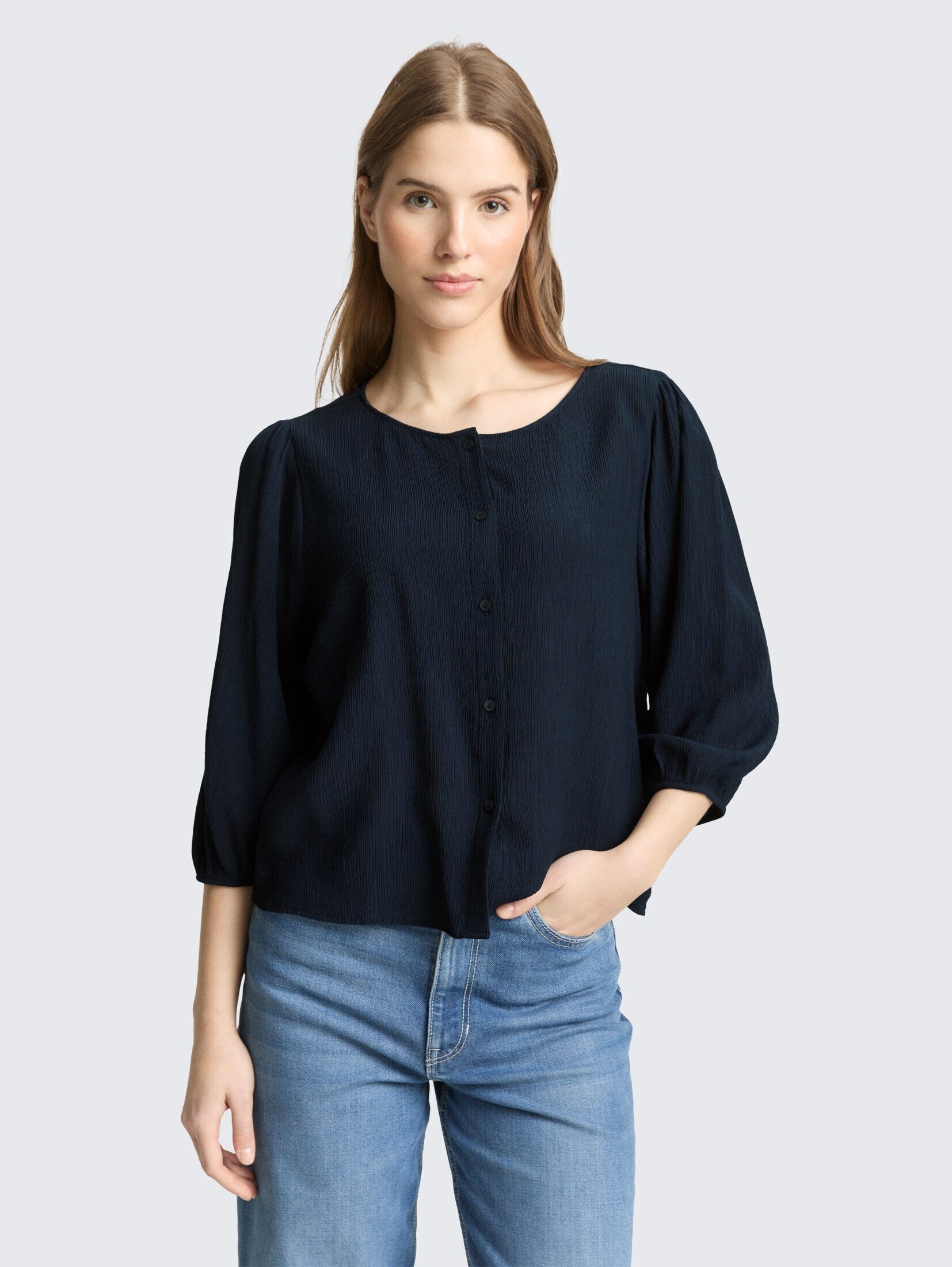 TOM TAILOR Denim Kurzarmbluse Blusen & Shirts Crinkle Bluse mit Knopfleiste günstig online kaufen