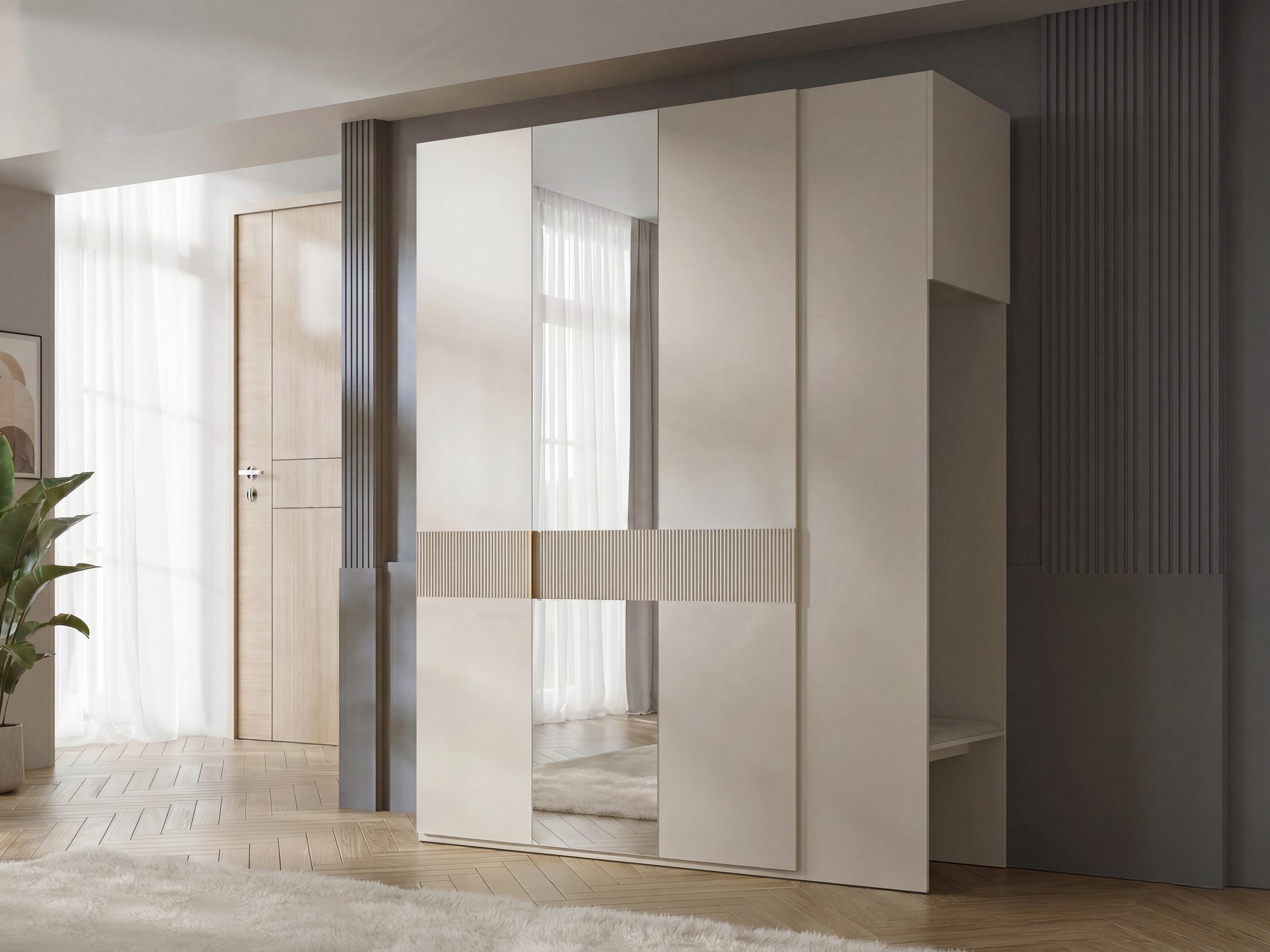 MIRJAN24 Garderoben-Set Soreno II mit Spiegel, (2er-Set, Garderobe mit Sitzbank, Kleiderschrank), Kleiderhaken aus Metall in Gold oder Schwarz