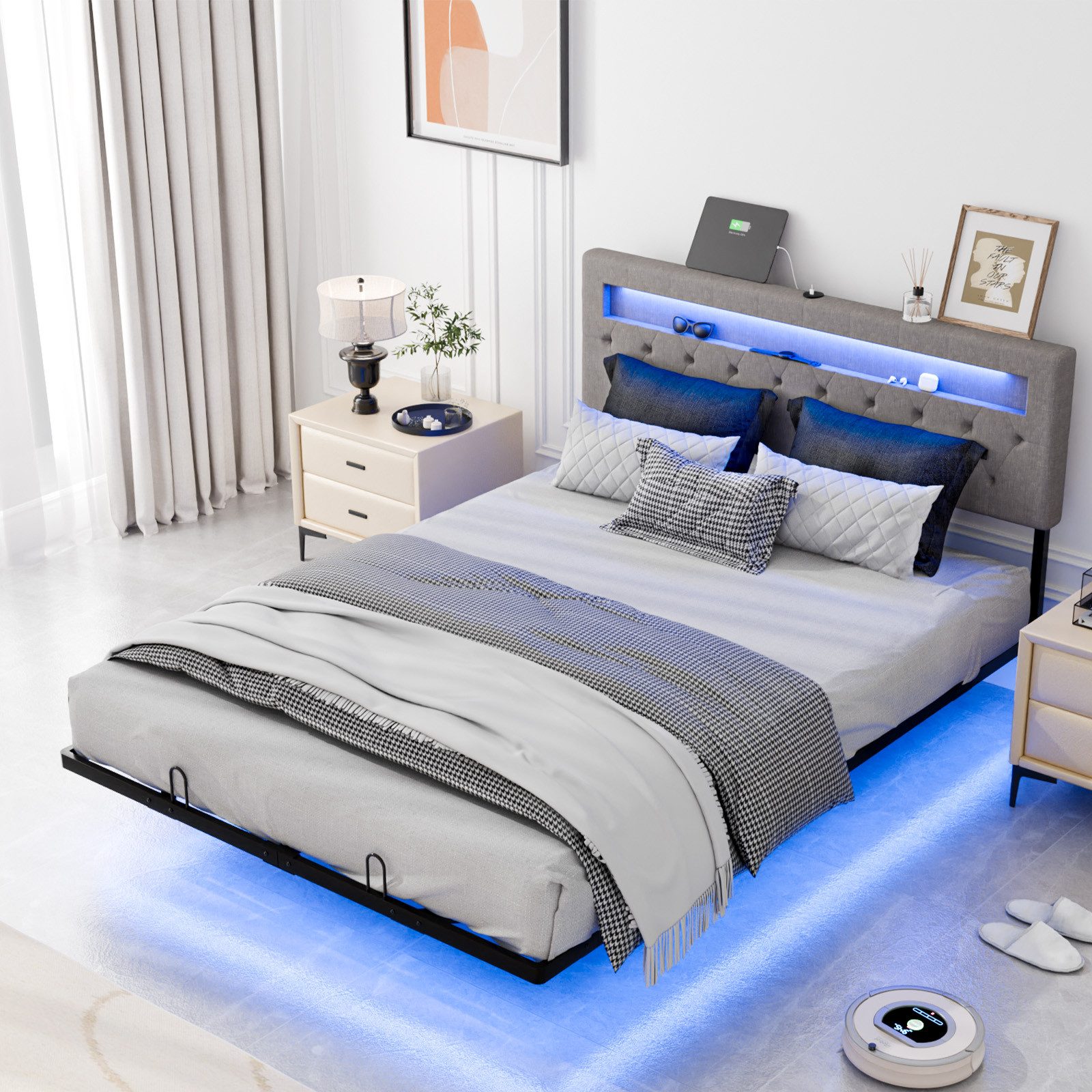 VINGLI Polsterbett mit LED-Beleuchtung und Ladestation und verstellbarem Kopfteil (160x200cm), schwebender visueller Effekt