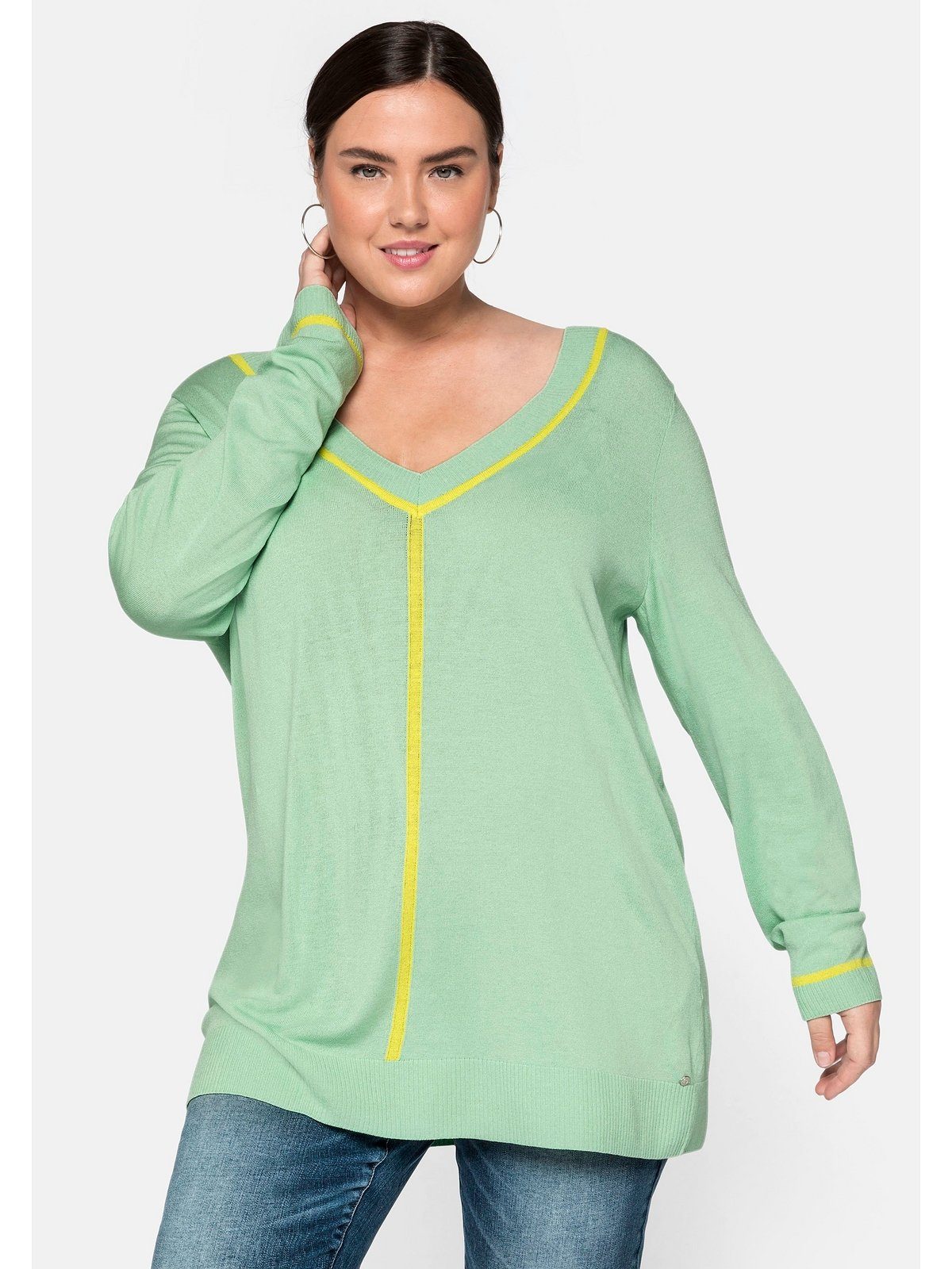 Damen Pullover Sheego V-Ausschnitt-Pullover sheego Pullover mit tiefem V-Ausschnitt und Kontraststreifen