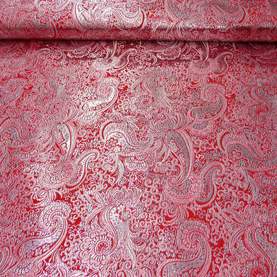 SCHÖNER LEBEN. Stoff Lurex Jaquard Stoff Paisley Ornament rot silberfarbig, mit Metallic-Effekt