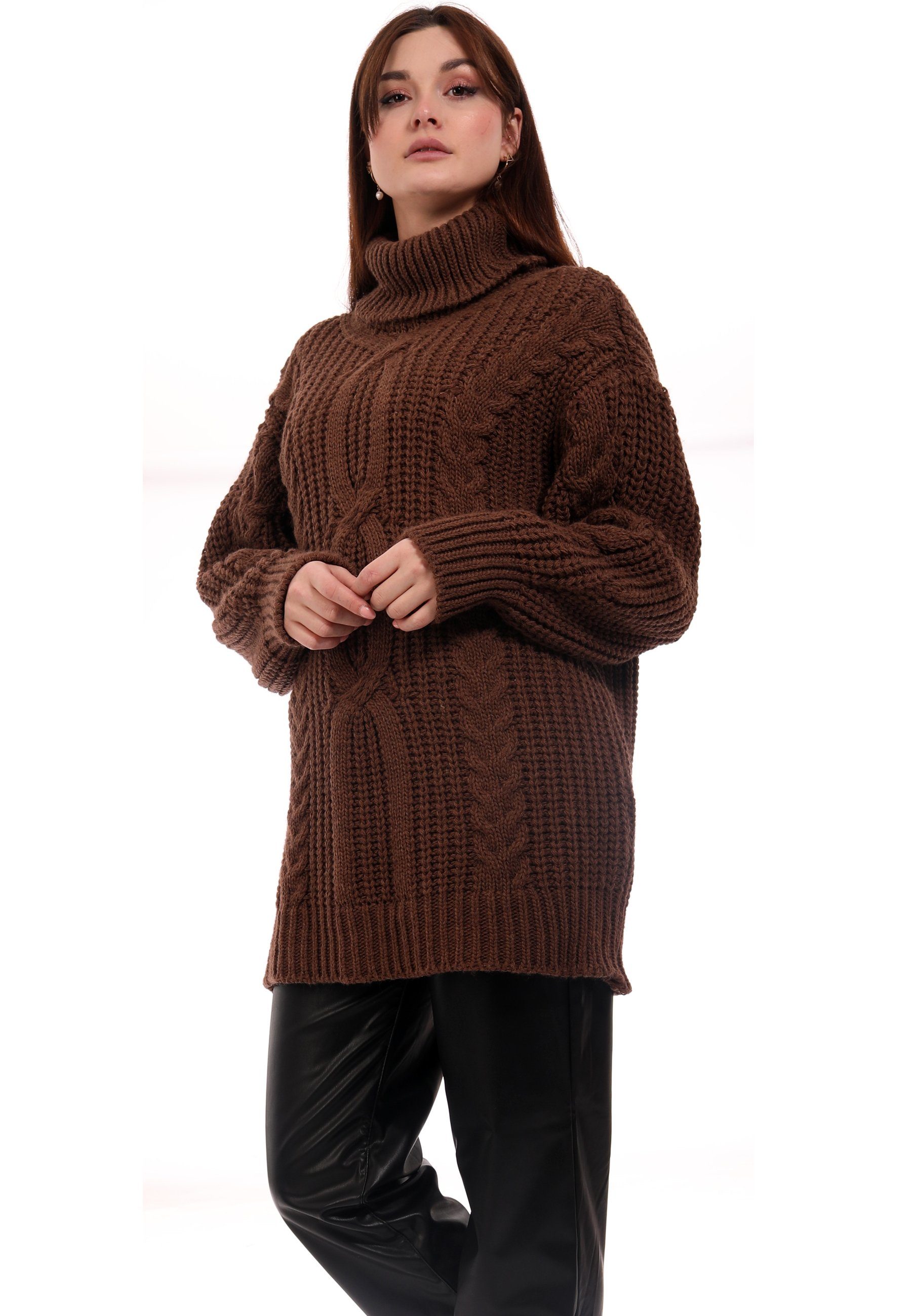 Pullover casual Fashion und (1-tlg) mit Style Rollkragen Rollkragenpullover YC Grobstrick One Zopfstrick & Size camel