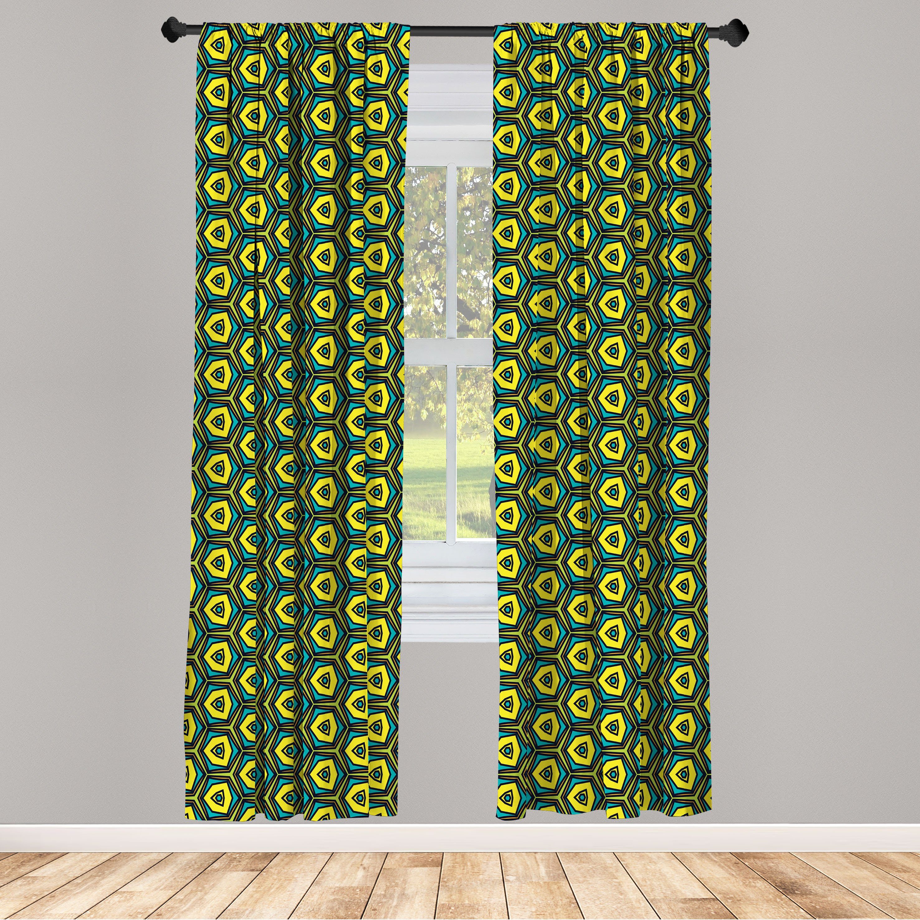Gardine Vorhang für Wohnzimmer Schlafzimmer Abakuhaus, Microfaser, Hexagons Vintage und Gelb Dekor, Grün