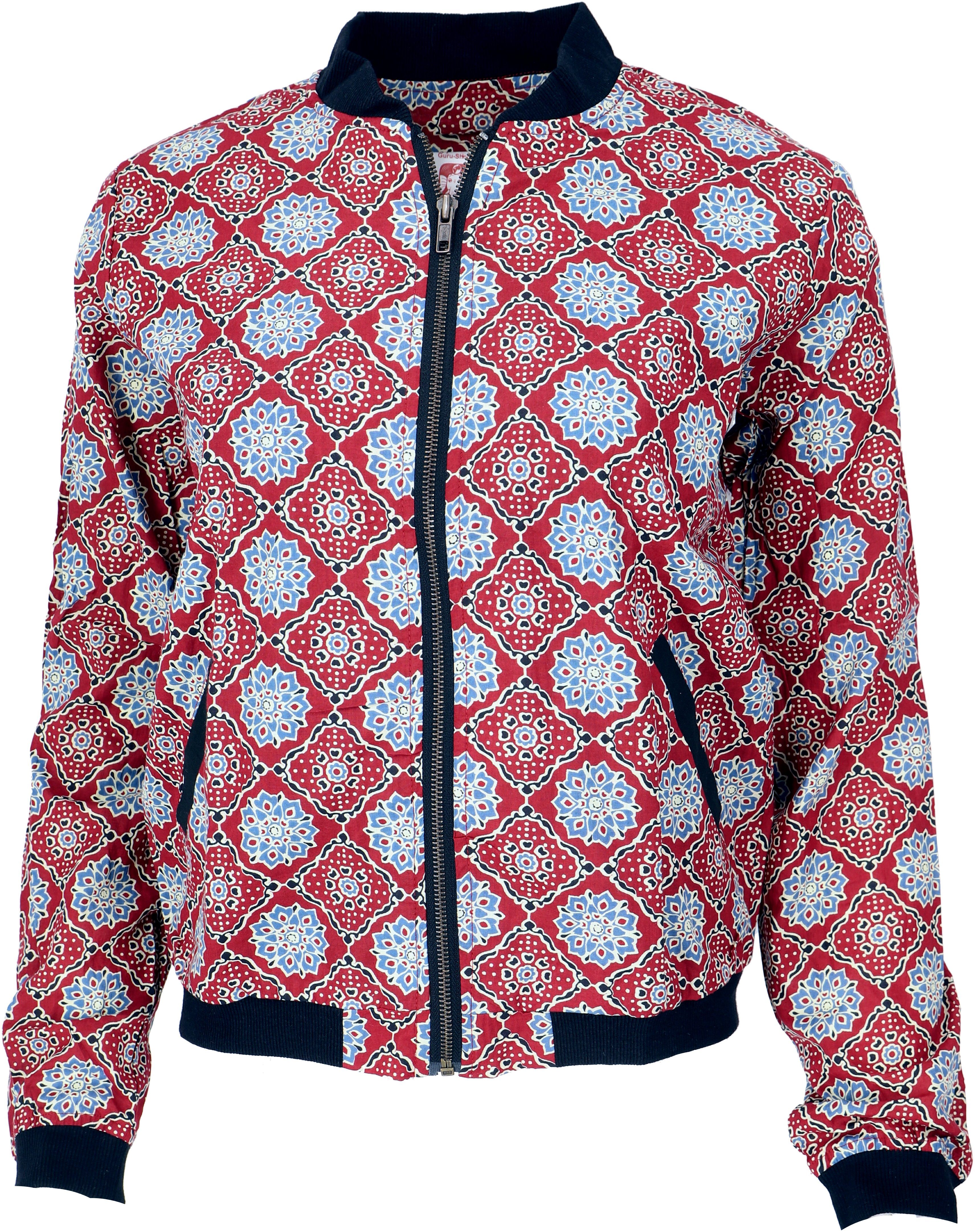 Guru-Shop Langjacke Boho Style Bomberjacke aus Baumwolle - rot/blau