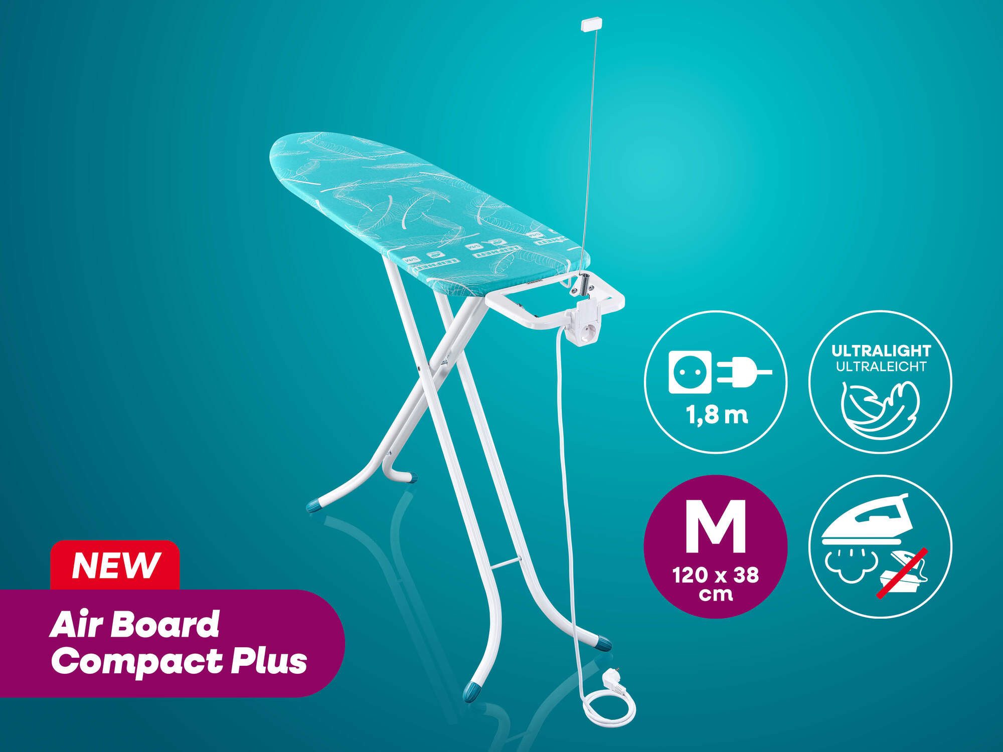 Leifheit Bügelbrett Bügeltisch Air Board M Compact Plus, Bügelfläche 38.0x120.0 cm, Zwei-Seiten-Bügeleffekt, Bügelfläche 120 x 38cm, höhenverstellbar