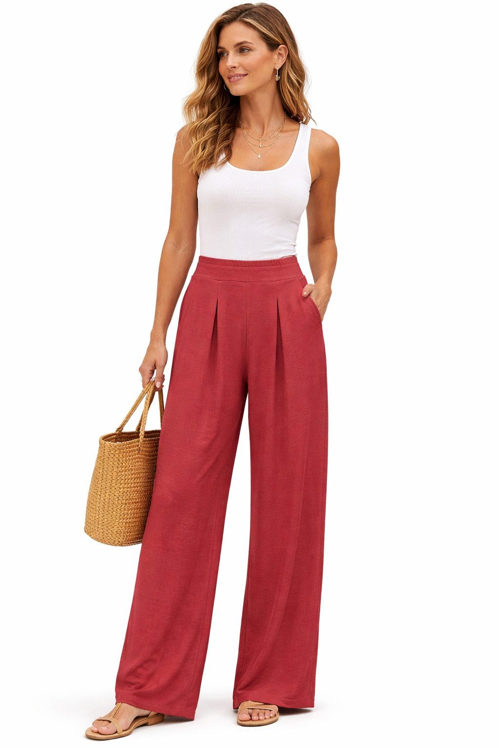 SUBLEVEL Chinos Damen Luftige Sommerhose Freizeit Weit geschnitten Stoff Palazzo-Hose