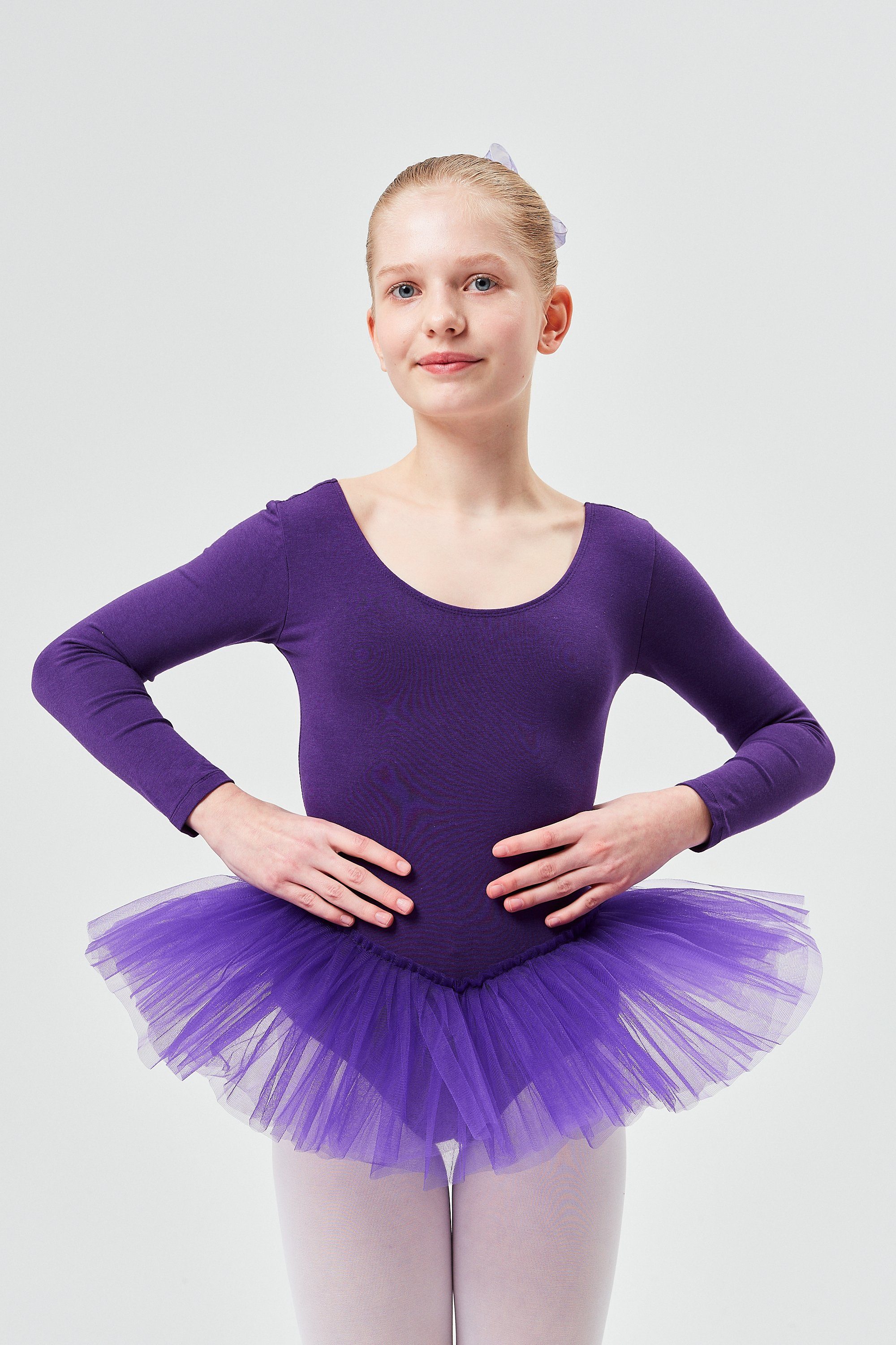tanzmuster Tüllkleid Ballett Tutu Alea mit langem Arm Ballettkleid mit Tüllrock für Mädchen lila