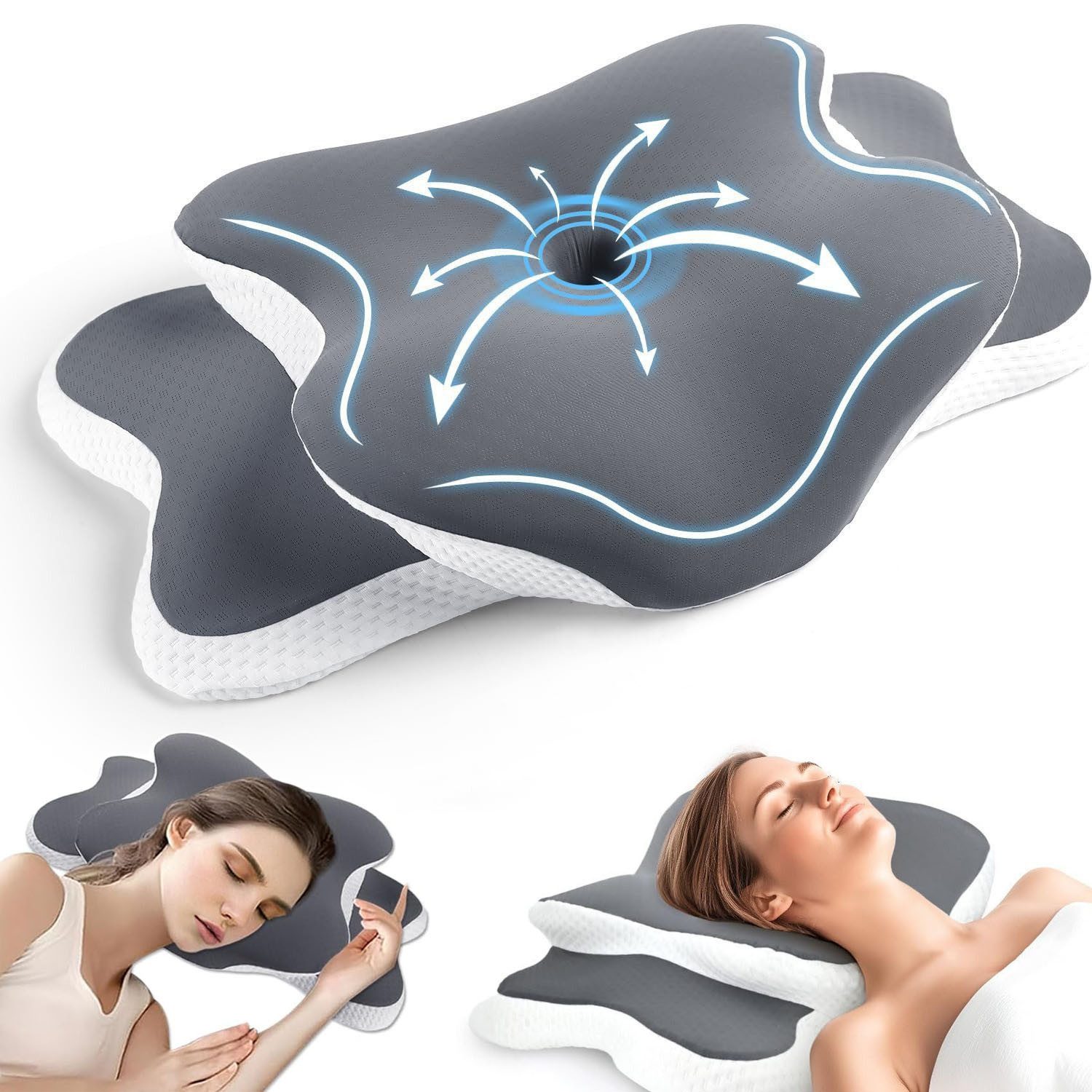 SURFOU Kopfkissen Seitenschläferkissen, Nackenstützkissen, Orthopädisches kissen, Füllung: Memory-Foam, Seitenschläfer, Rückenschläfer, Bauchschläfer, bequemes Kopfkissen, stützendes Nackenkissen, ergonomisches Seitenschläferkissen mit zwei Höhen, 6-Zonen-Stützdesign und atmungsaktivem Doppelbezug, 65 x 39 x 14/9 cm