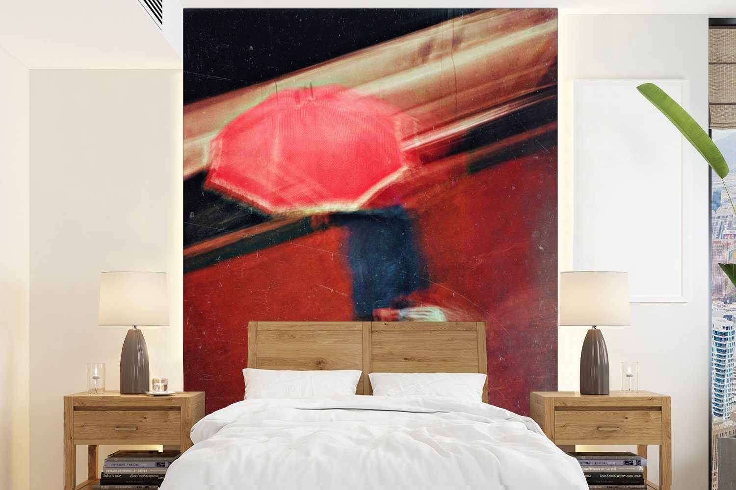 Fototapete Tapete St), Montagefertig Farben, für Vinyl Rot - Wandtapete - Mann - Matt, Wohnzimmer, MuchoWow (4 Regenschirm bedruckt,