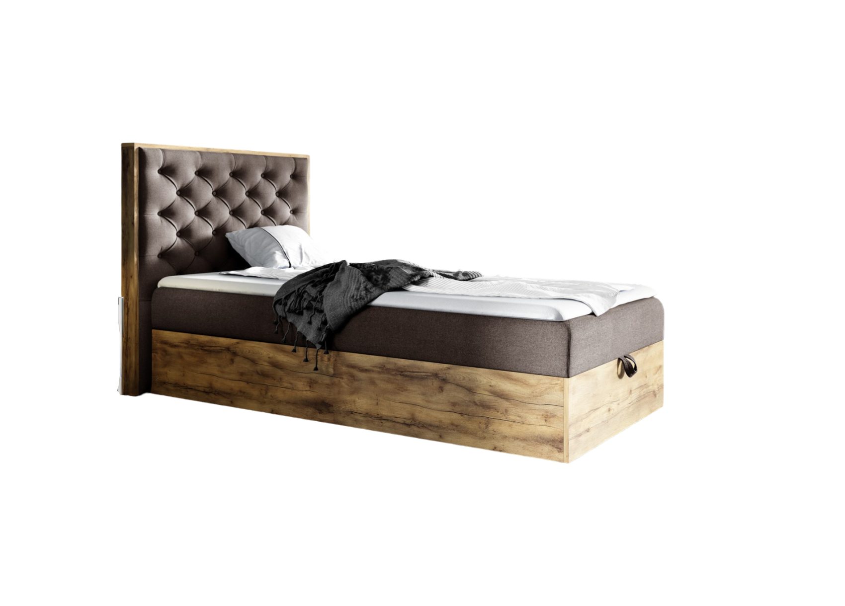Fun Möbel Boxbett Gästebett Einzelbett Bett DIONA MINI in Stoff (Artisan-Eiche Optik, in drei Größen), Inkl. Bettkasten und Topper