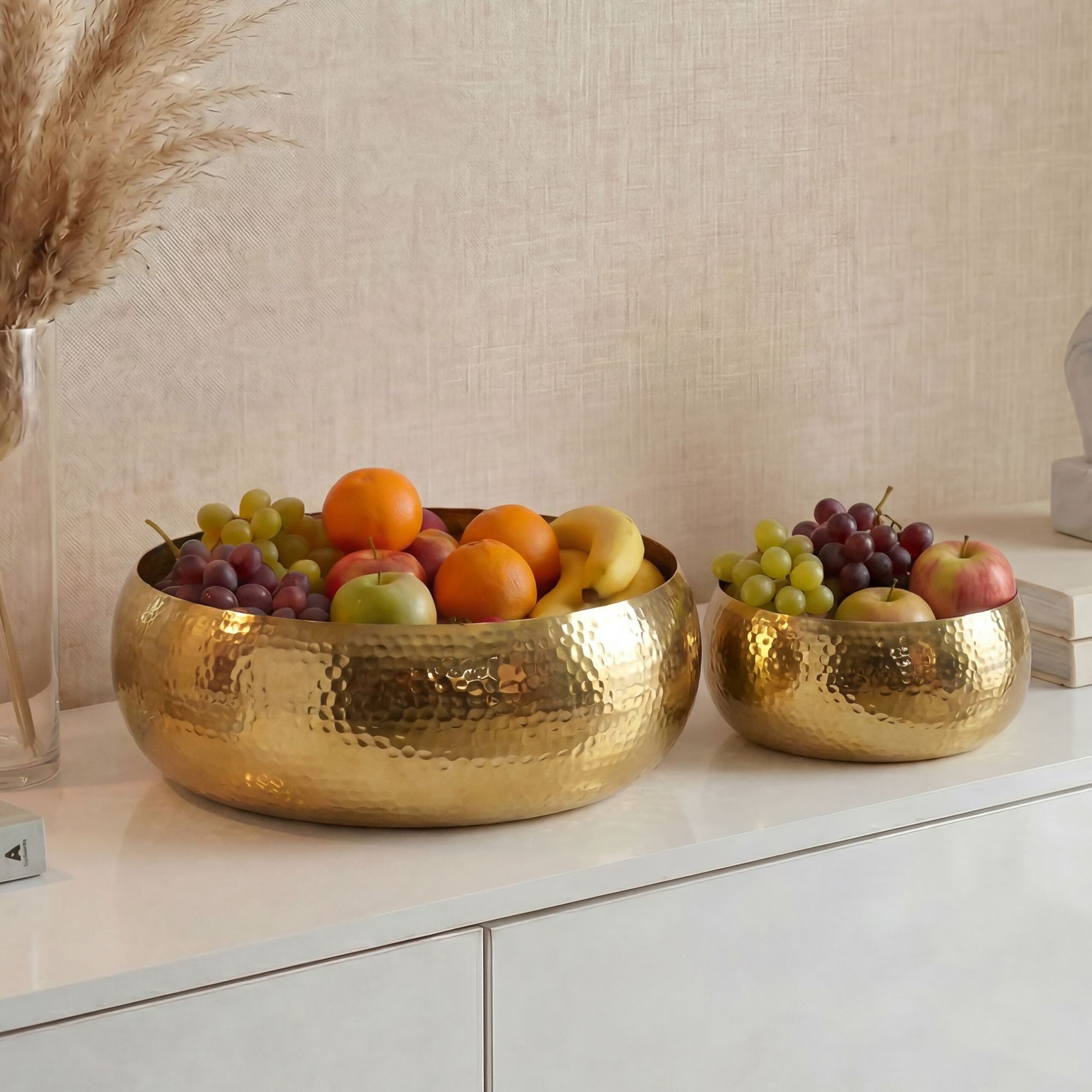 FINEBUY Obstschale FB77786 2er Set Früchteschale Gold Hammerschlag Metall Rund Schale, Aluminium, (Zweiteilige Anrichteschalen aus Aluminium), Wohnaccessoires für Früchte, Obst und Snacks