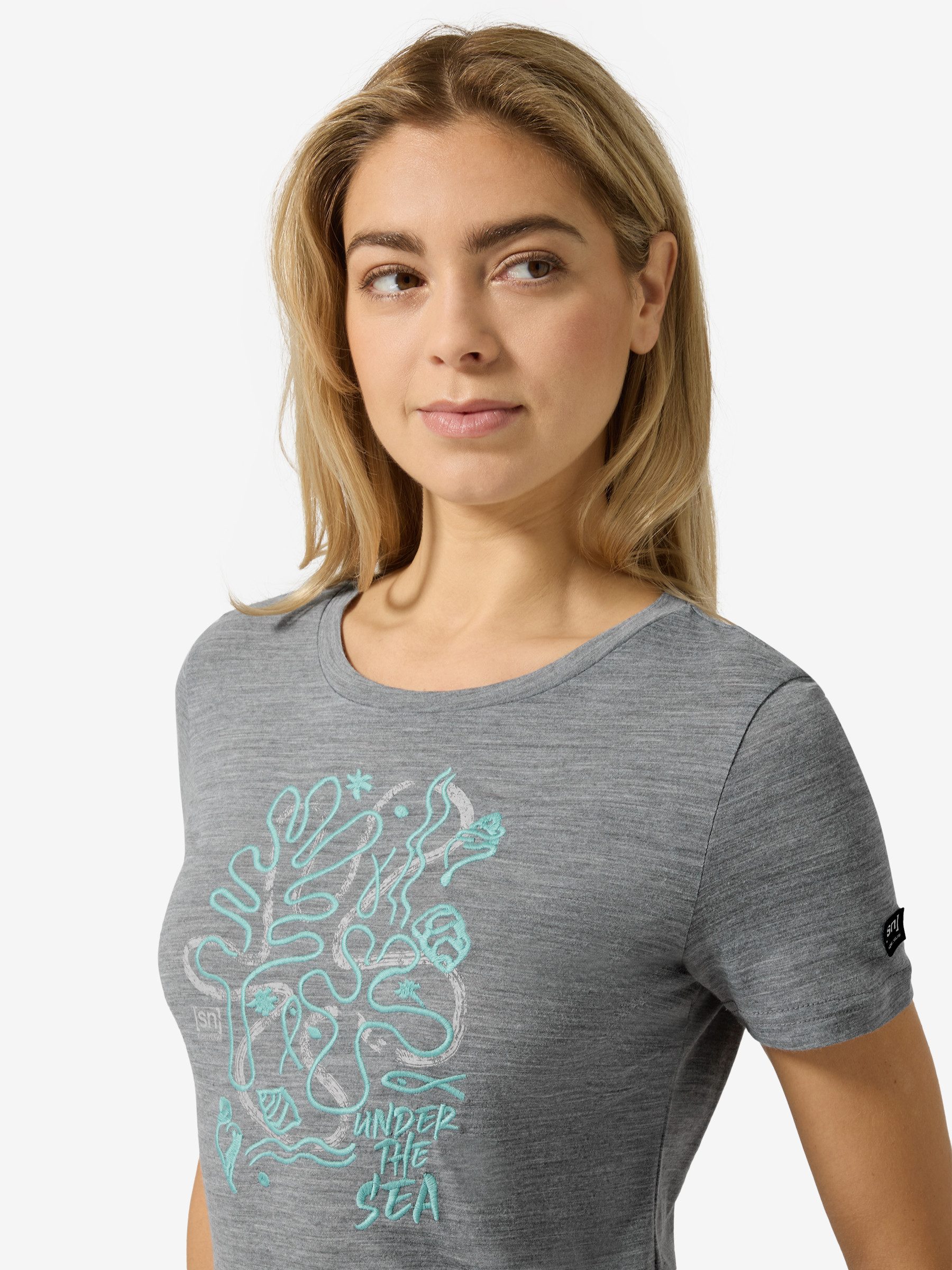 SUPER.NATURAL T-Shirt für Damen,Merino W UNDER THE SEA TEE mit Sommer-Motiv, atmungsaktiv