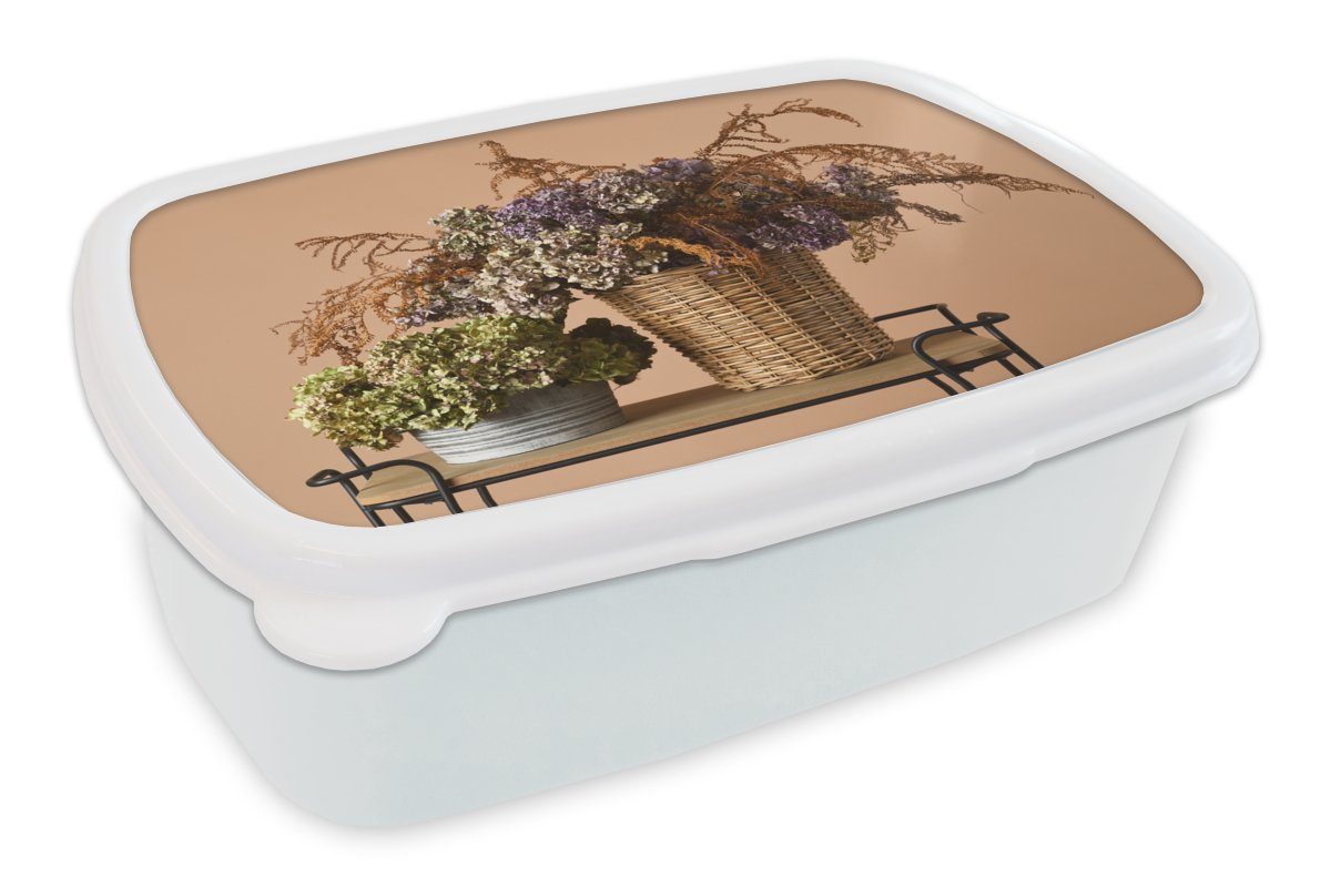 MuchoWow Lunchbox Getrocknete Blumen - Körbe - Stilleben, Kunststoff, (2-tlg), Brotbox für Kinder und Erwachsene, Brotdose, für Jungs und Mädchen weiß