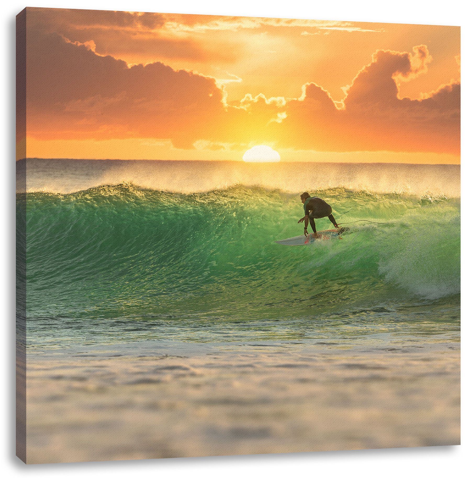 Sonnenuntergang, Leinwandbild Surfen fertig Sonnenuntergang Pixxprint Zackenaufhänger St), (1 im Leinwandbild Surfen im inkl. bespannt,